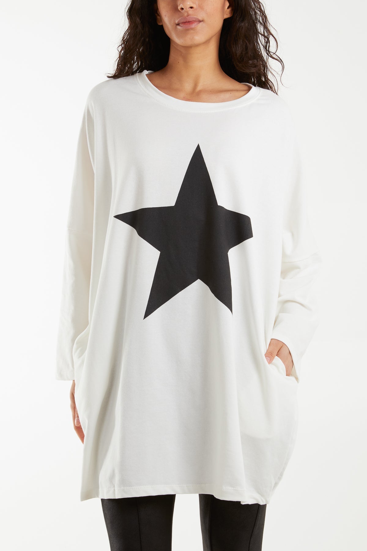 Foil Star Side Pockets Sweatshirt Dress Dresses WearAll Cream One Size