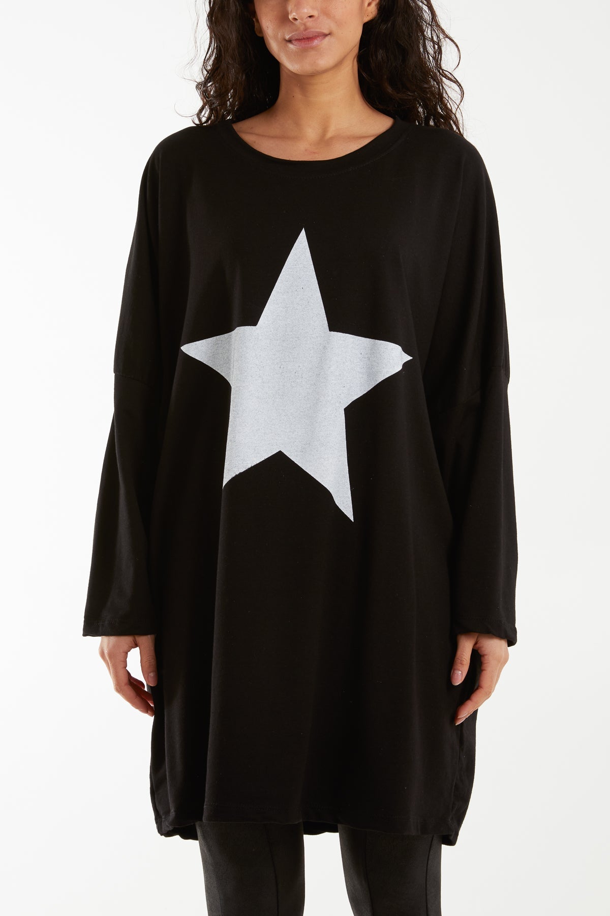 Foil Star Side Pockets Sweatshirt Dress Dresses WearAll Black One Size