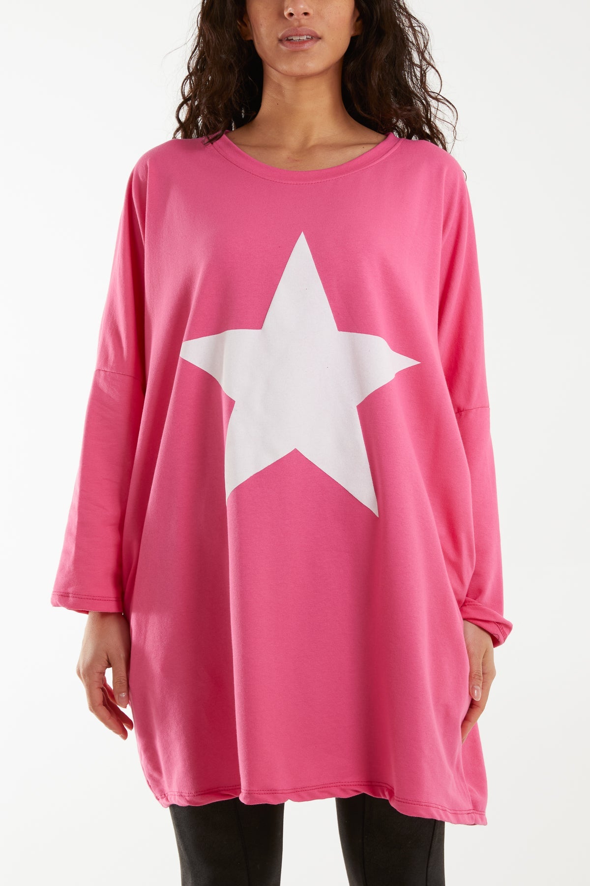 Foil Star Side Pockets Sweatshirt Dress Dresses WearAll Hot Pink One Size