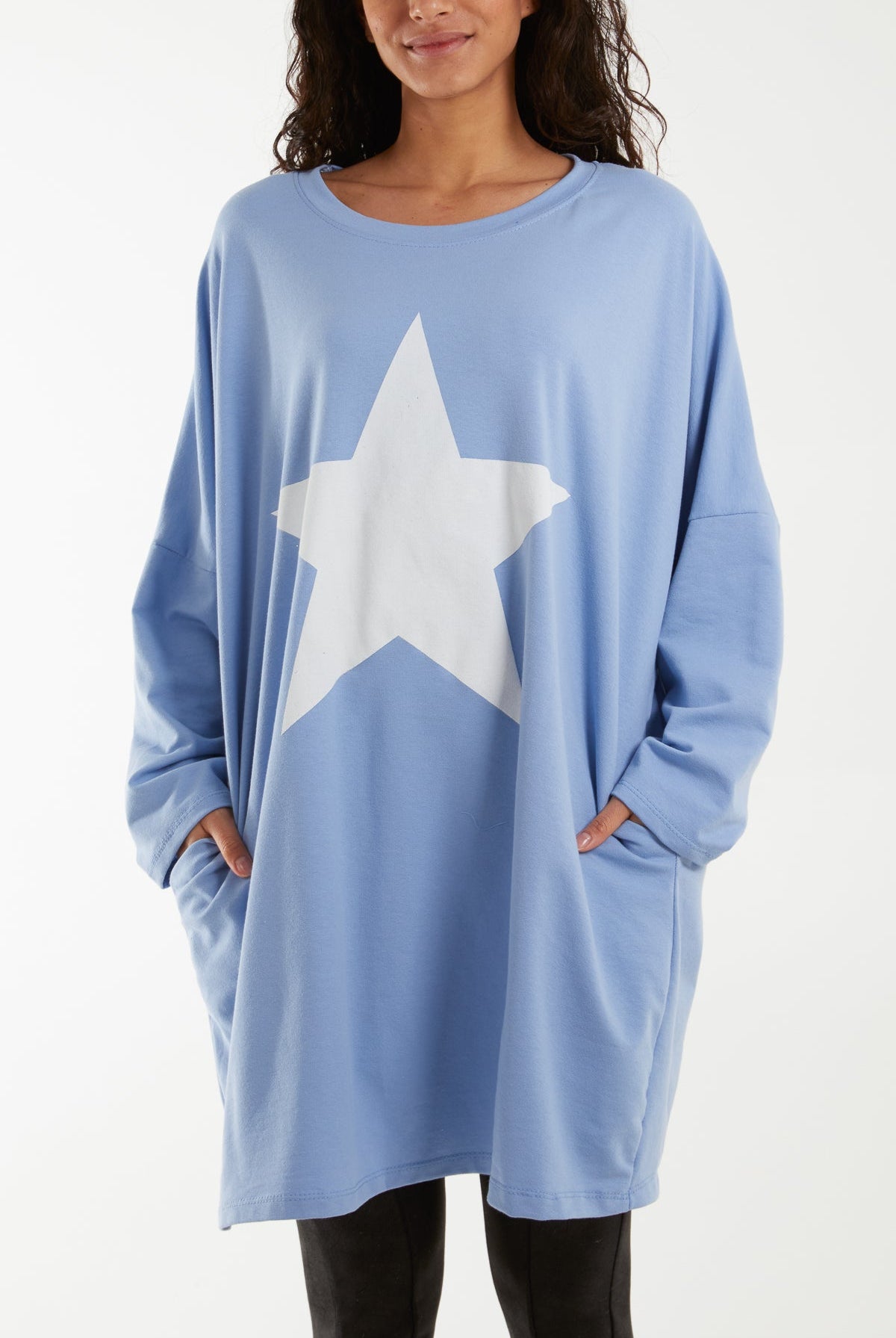 Foil Star Side Pockets Sweatshirt Dress Dresses WearAll Light Blue One Size