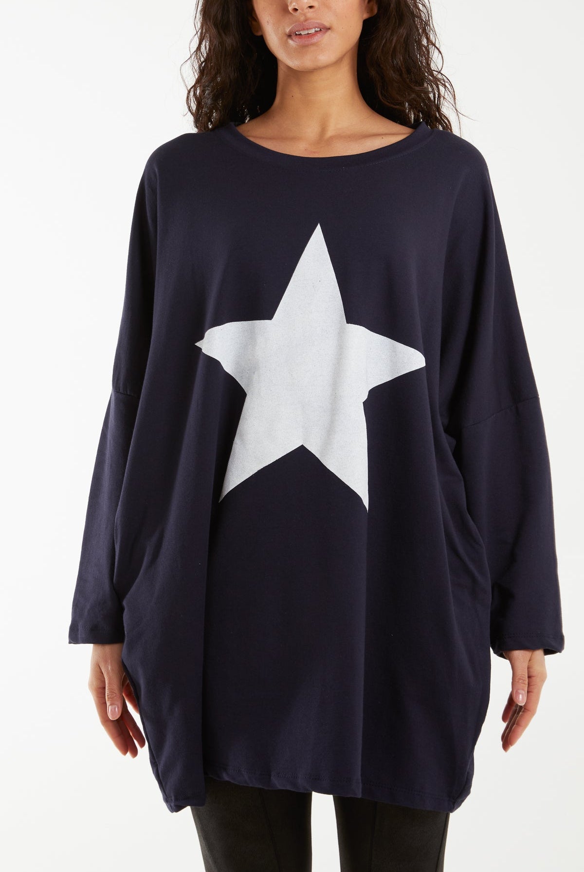 Foil Star Side Pockets Sweatshirt Dress Dresses WearAll Navy One Size