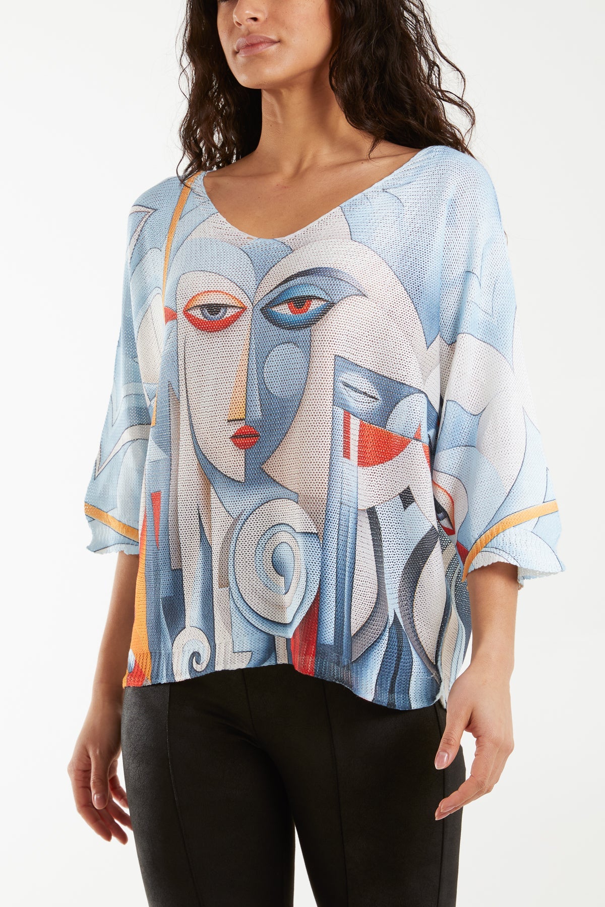 Cubist Face Print Knit Top Jumpers WearAll Light Blue One Size