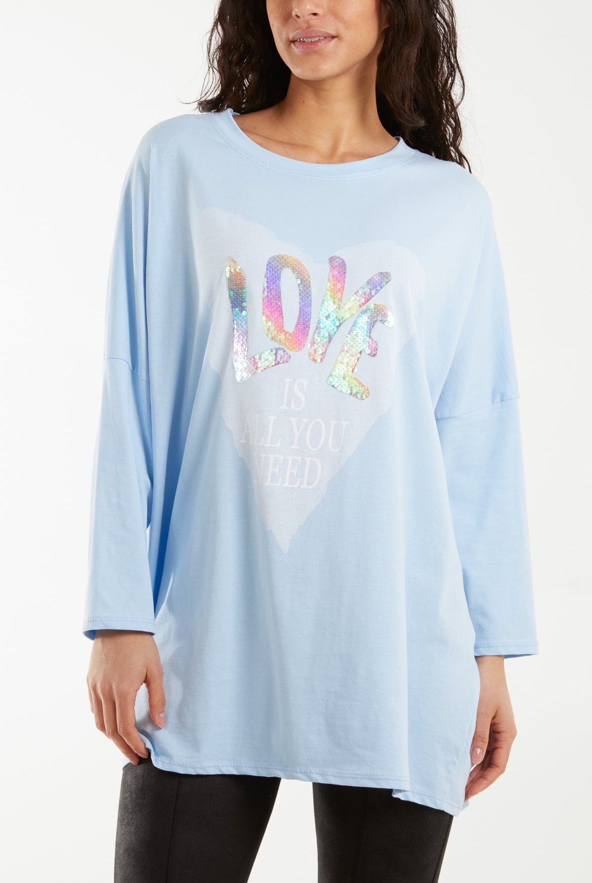 "Love" Rainbow Sequin Long Sleeve Top T-shirts WearAll Light Blue One Size