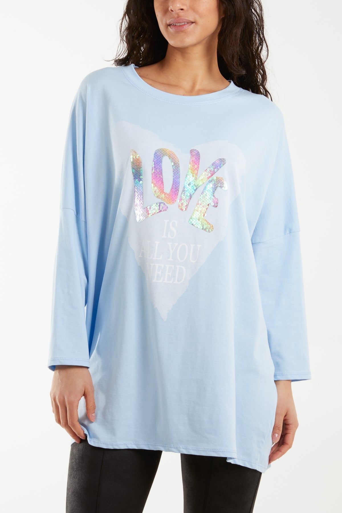 "Love" Rainbow Sequin Long Sleeve Top T-shirts WearAll Light Blue One Size