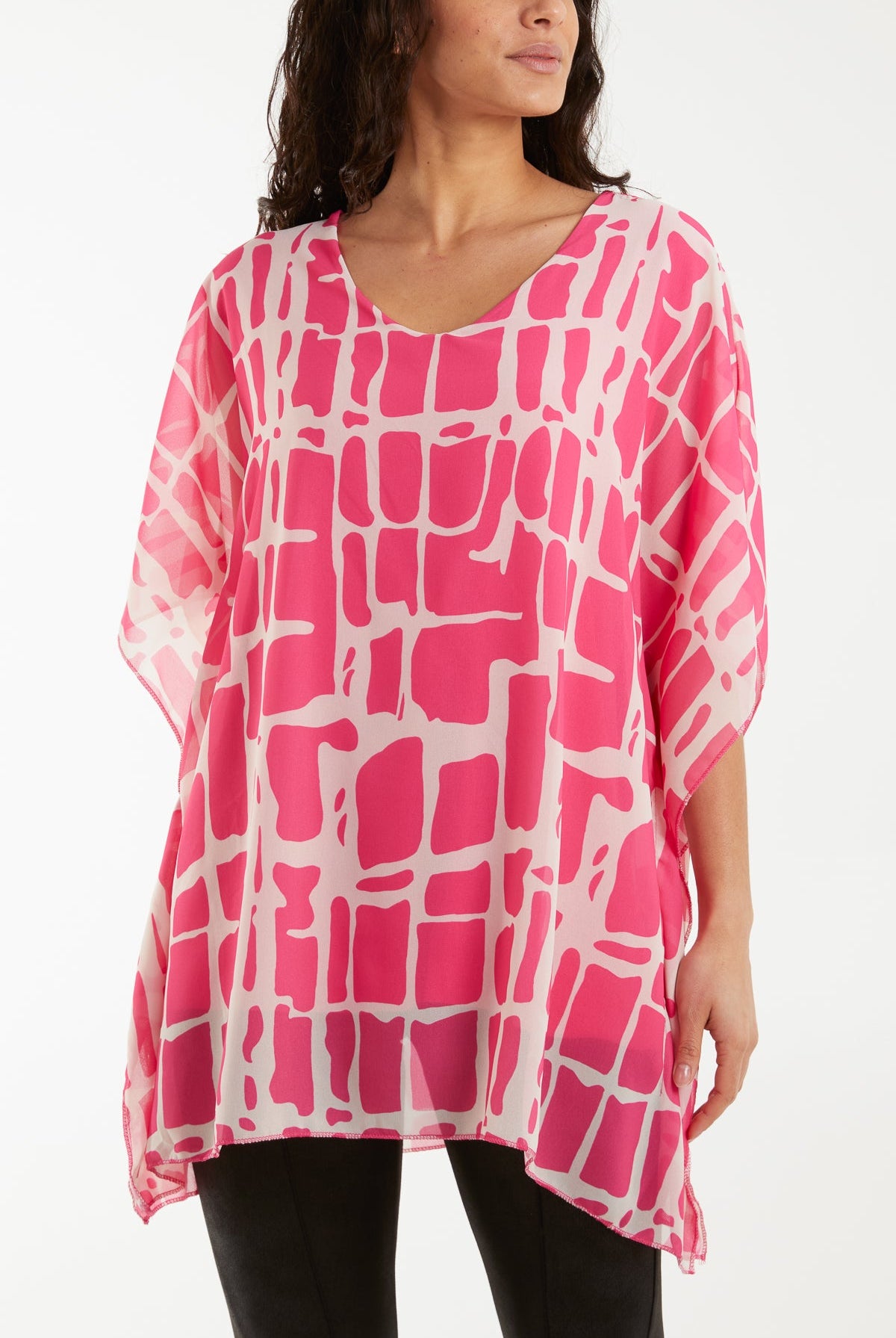 Geometric Print Double Layer Tunic Blouses WearAll Hot Pink One Size
