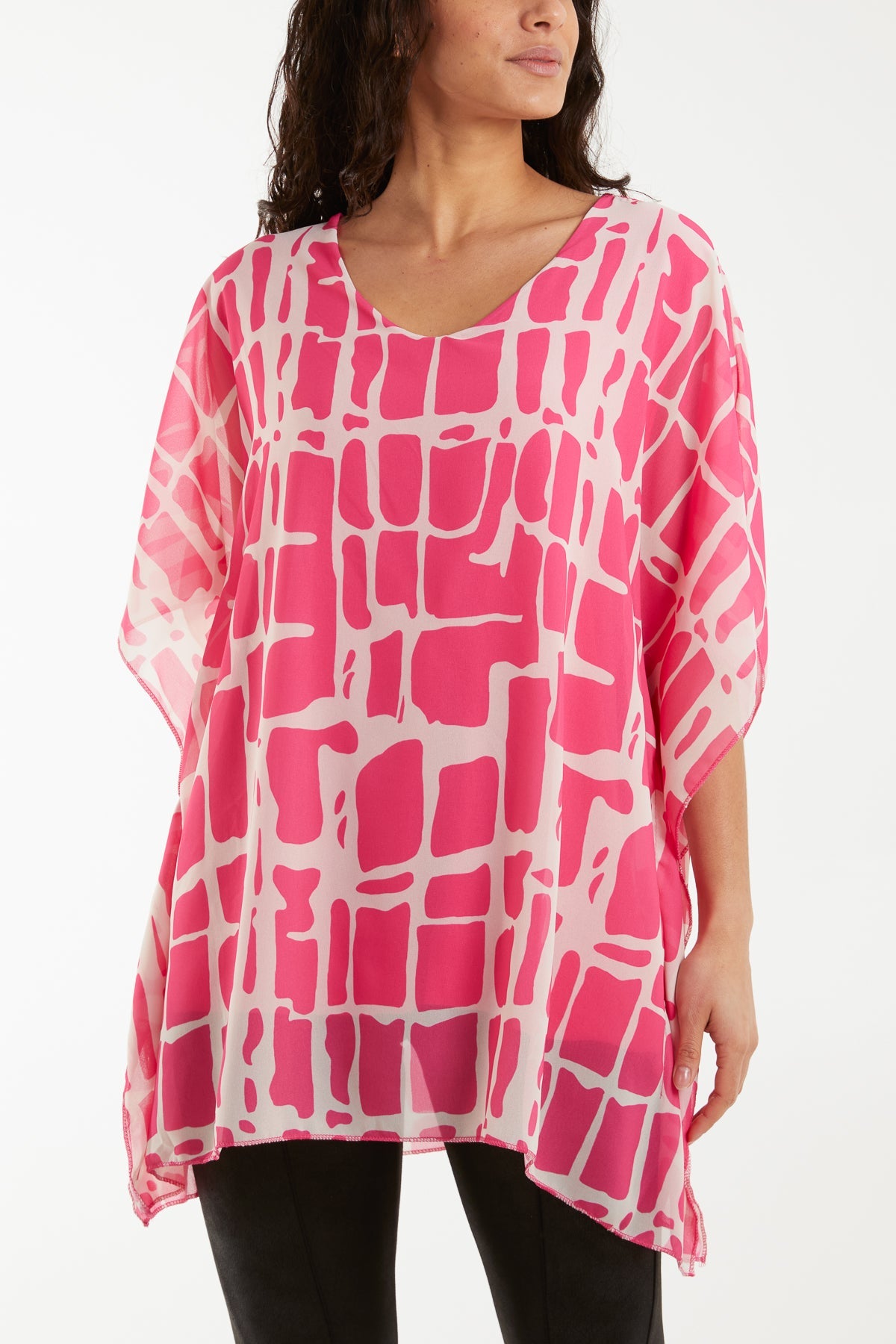 Geometric Print Double Layer Tunic Blouses WearAll Hot Pink One Size
