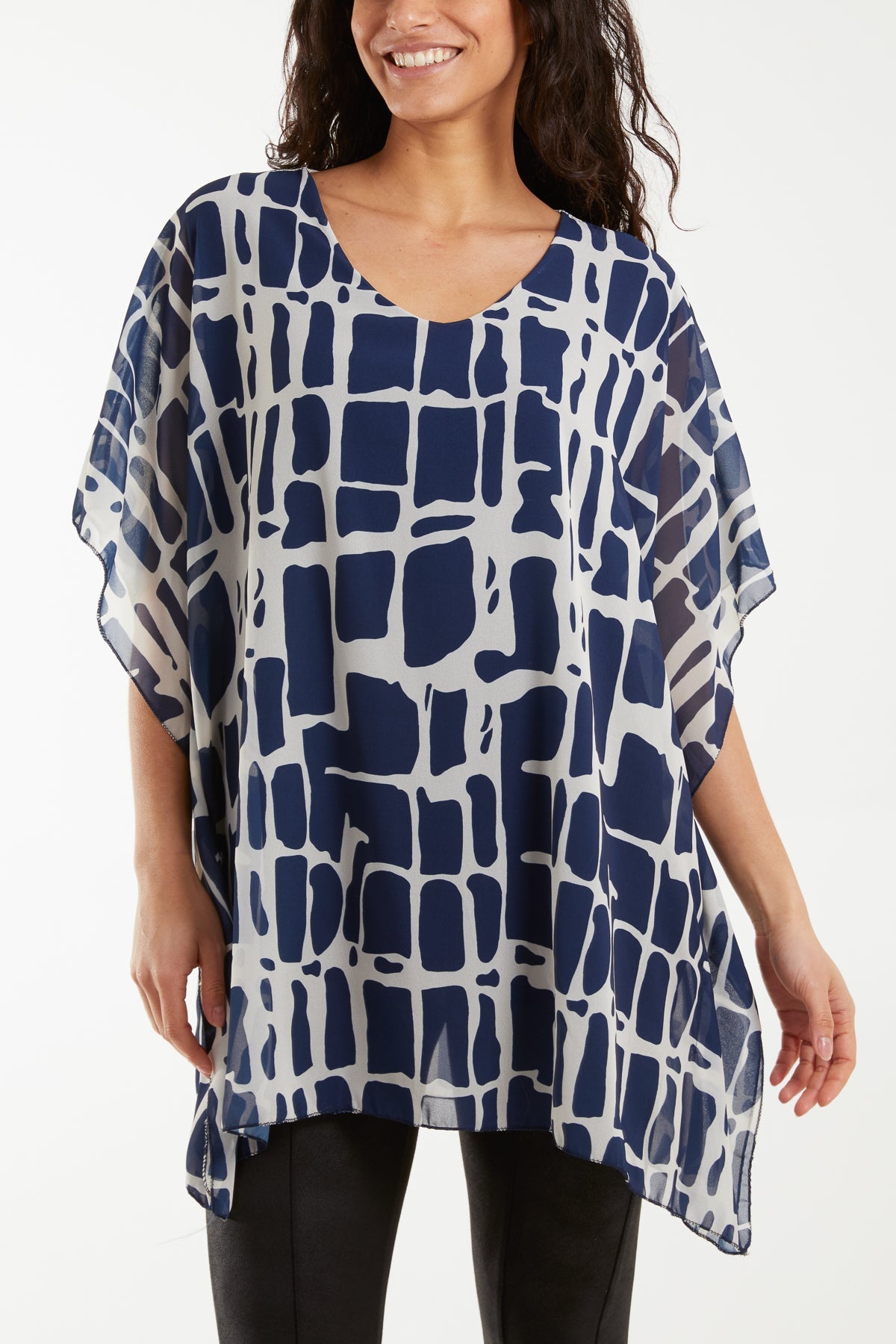 Geometric Print Double Layer Tunic Blouses WearAll Navy One Size