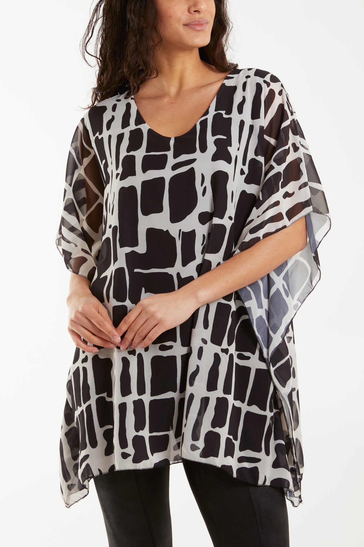 Geometric Print Double Layer Tunic Blouses WearAll Black One Size