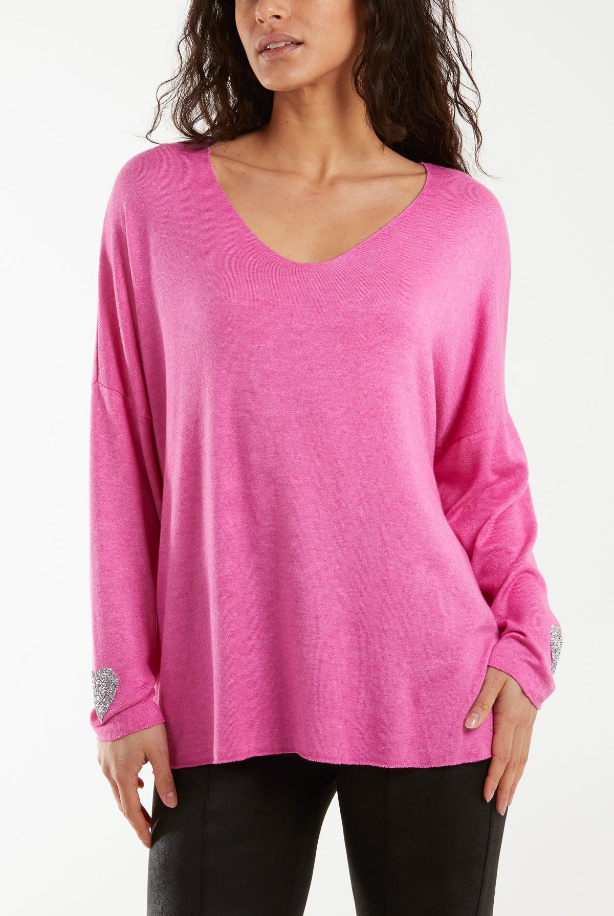 Appliqued Heart Sleeves Fine Knit Jumper Jumpers WearAll Fuchsia One Size