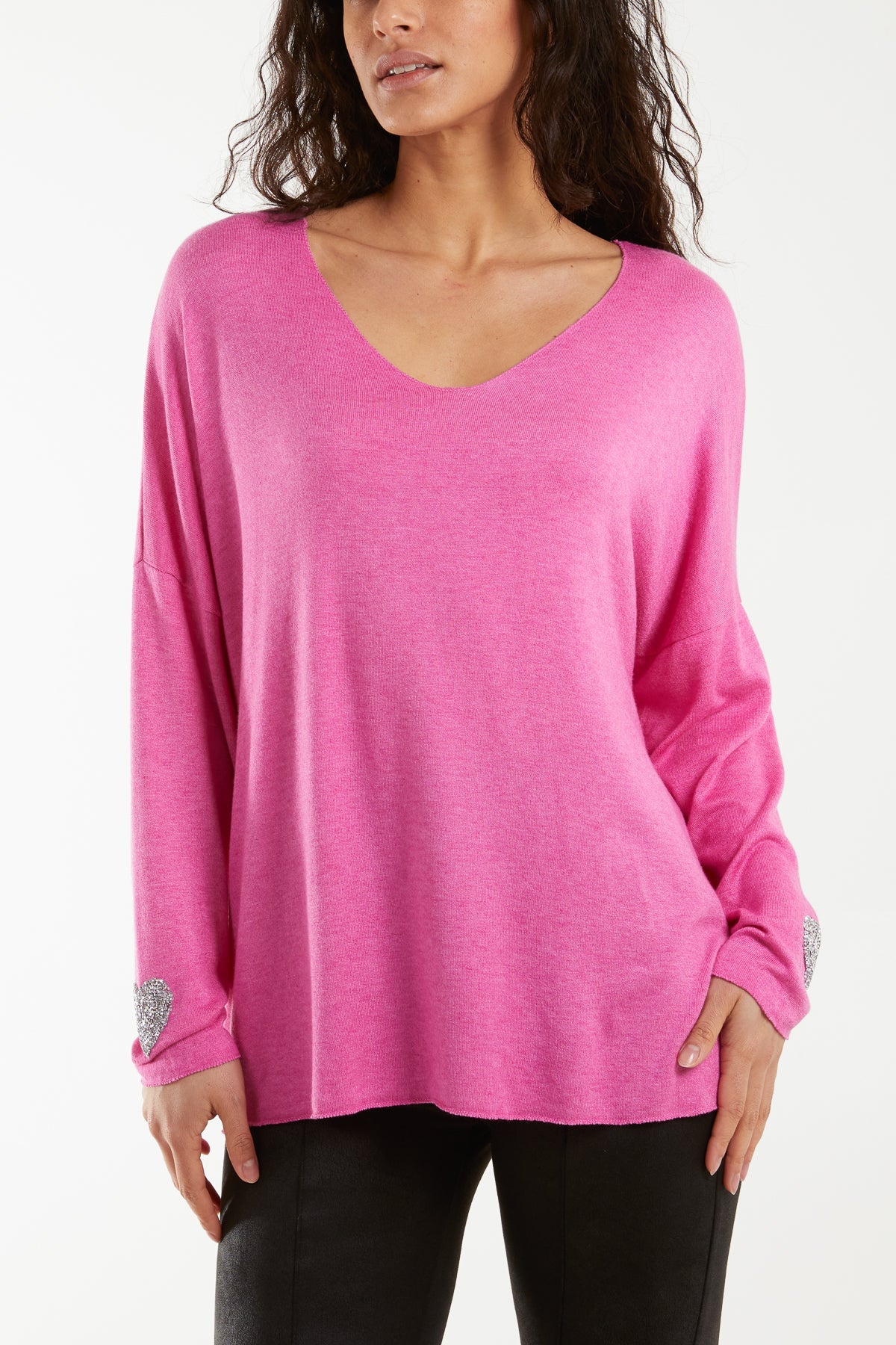 Appliqued Heart Sleeves Fine Knit Jumper Jumpers WearAll Fuchsia One Size