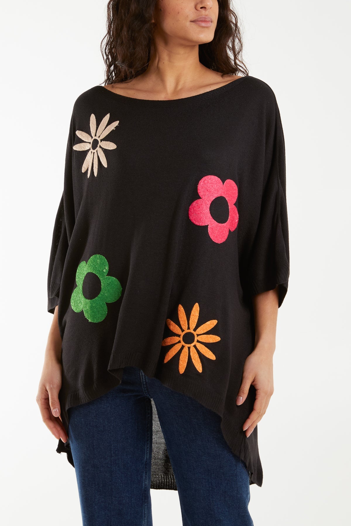 Boat Neck Floral High Low Knit Top Jumpers WearAll Black One Size