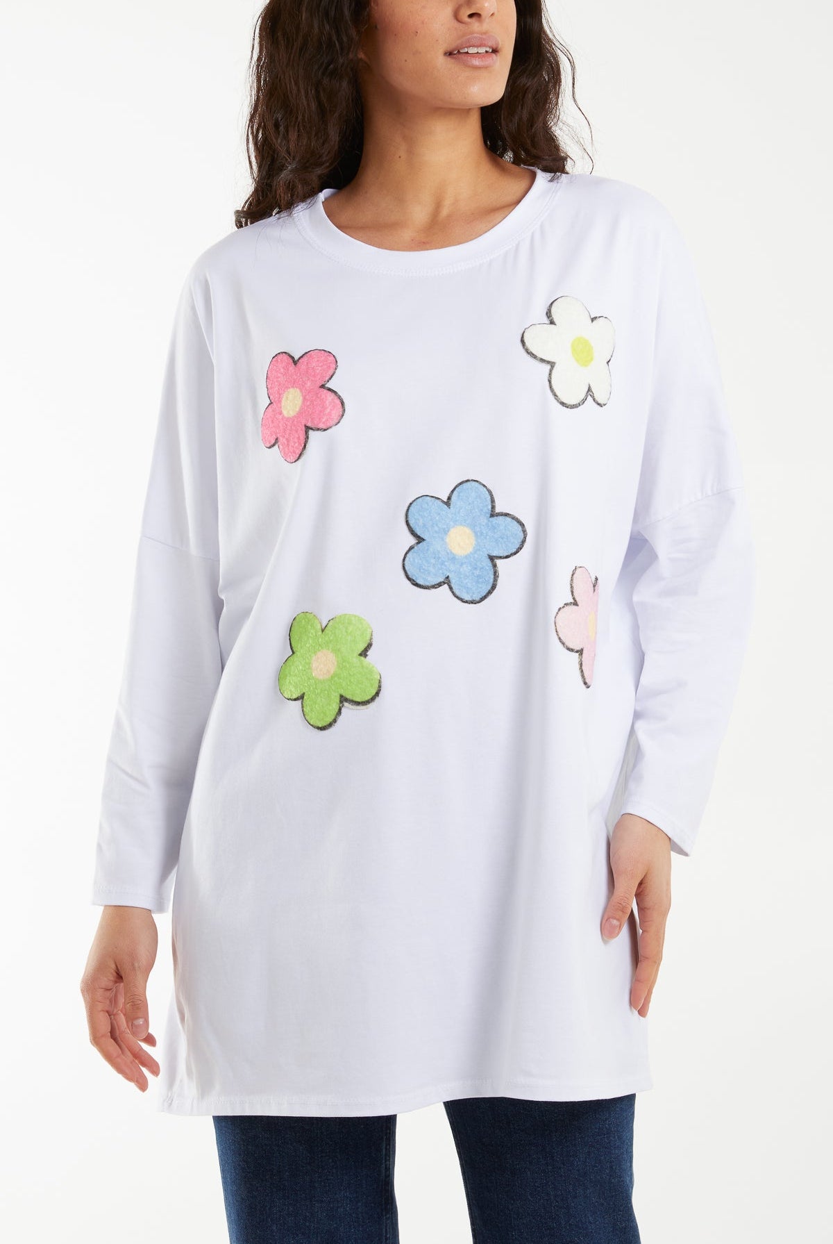 Multicolour Fluffy Daisy Long Sleeve Top T-shirts WearAll White One Size