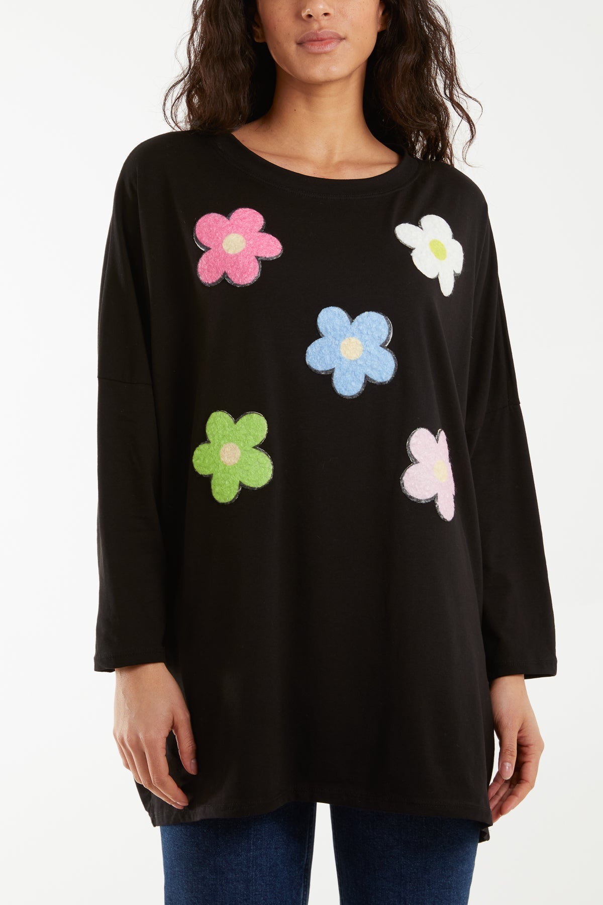 Multicolour Fluffy Daisy Long Sleeve Top T-shirts WearAll Black One Size