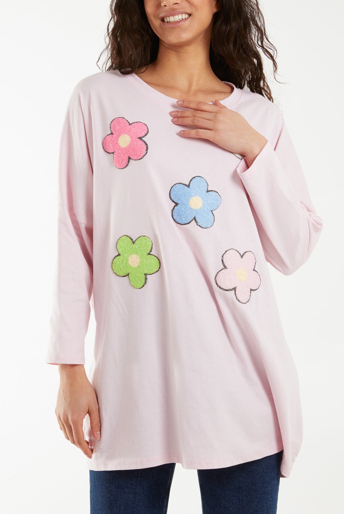 Multicolour Fluffy Daisy Long Sleeve Top T-shirts WearAll Pink One Size