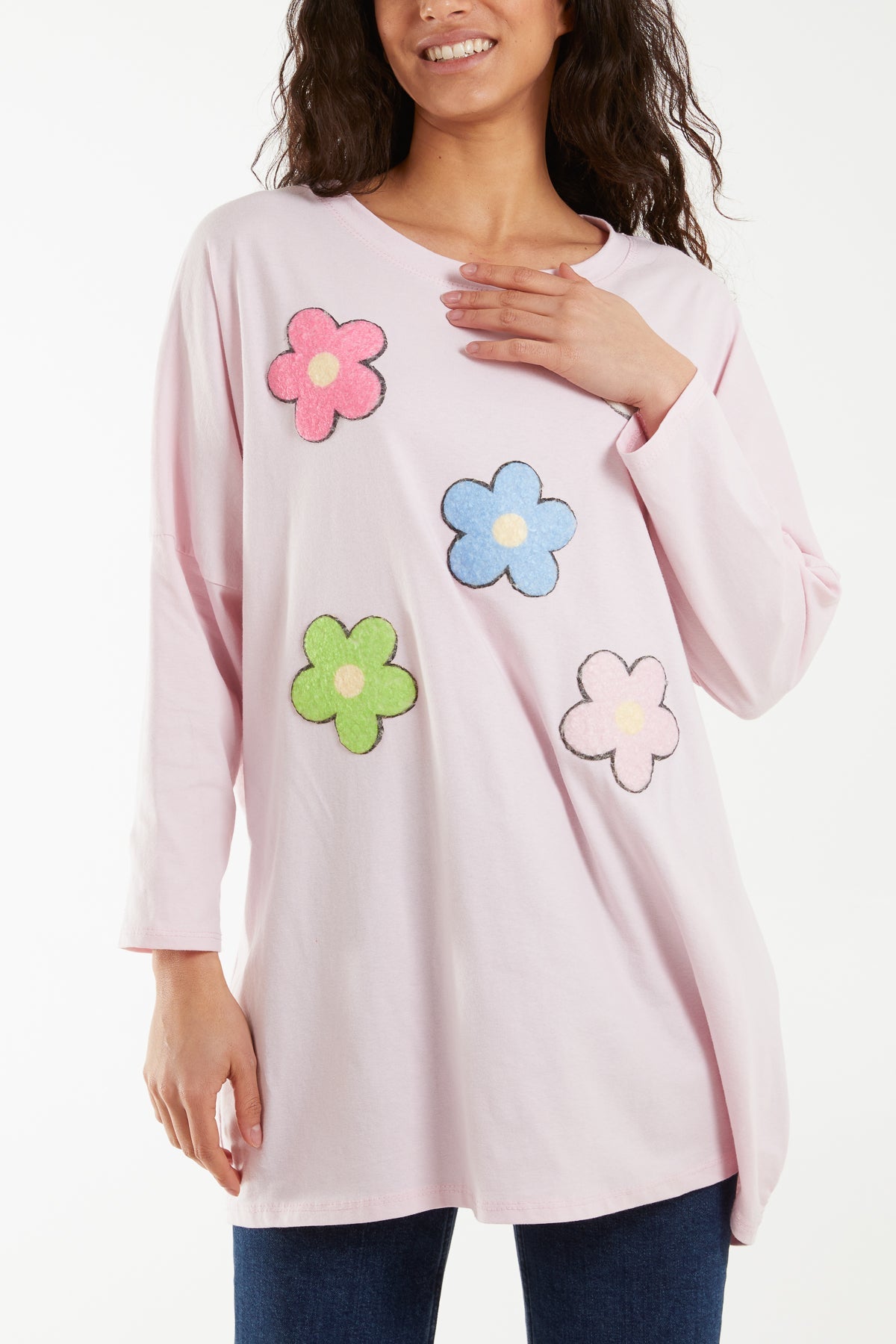 Multicolour Fluffy Daisy Long Sleeve Top T-shirts WearAll Pink One Size
