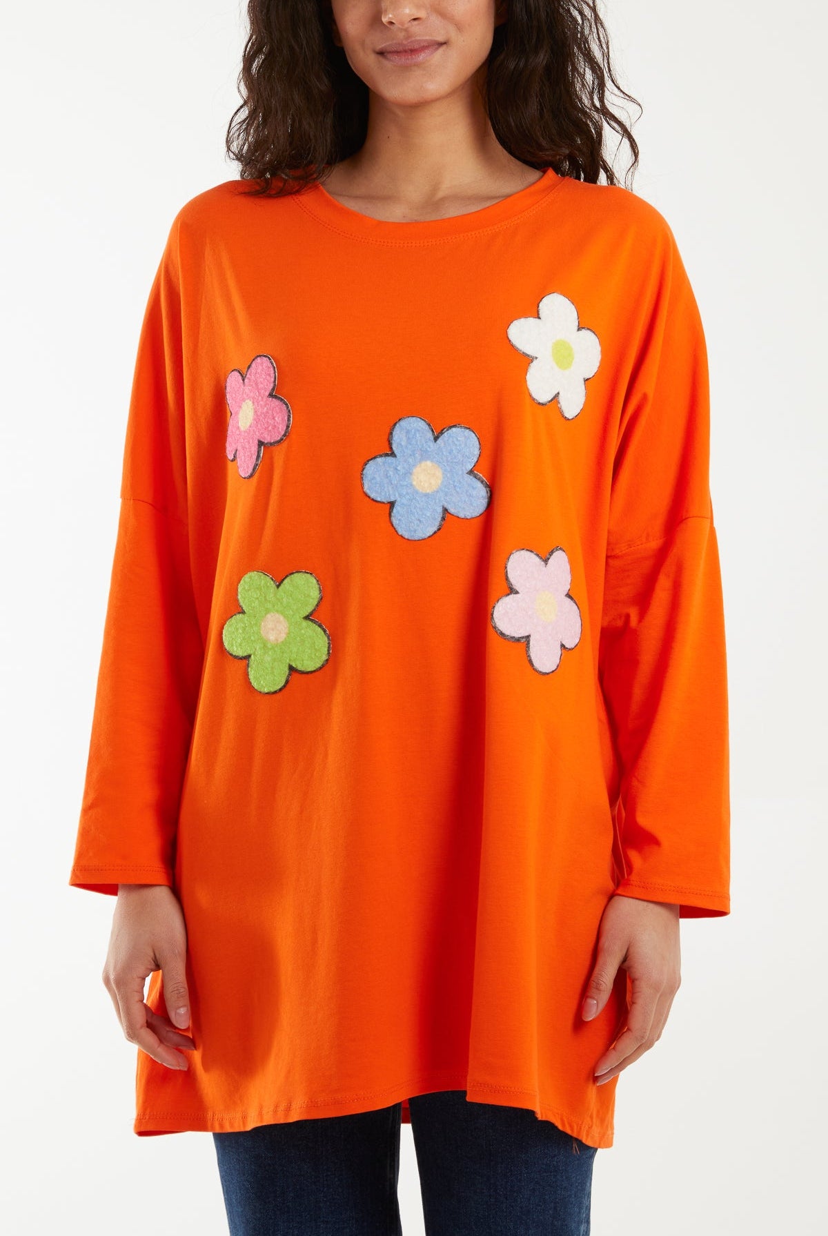 Multicolour Fluffy Daisy Long Sleeve Top T-shirts WearAll Orange One Size