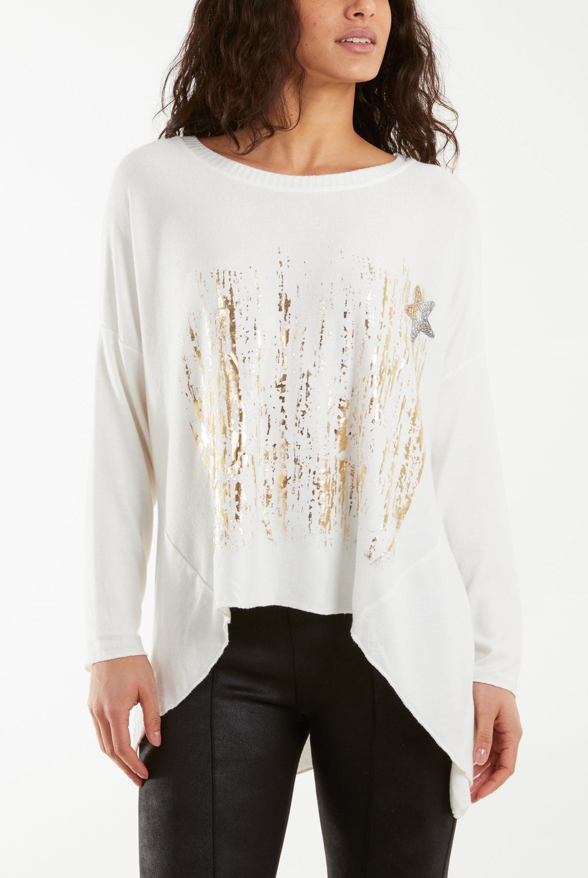 Diamante Star Foil Design High Low Jumper Jumpers WearAll Cream One Size