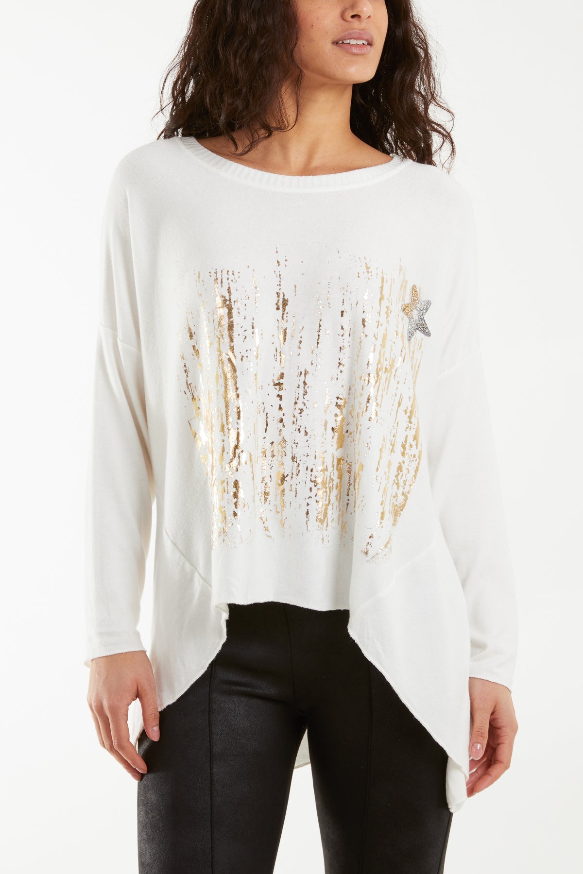 Diamante Star Foil Design High Low Jumper Jumpers WearAll Cream One Size