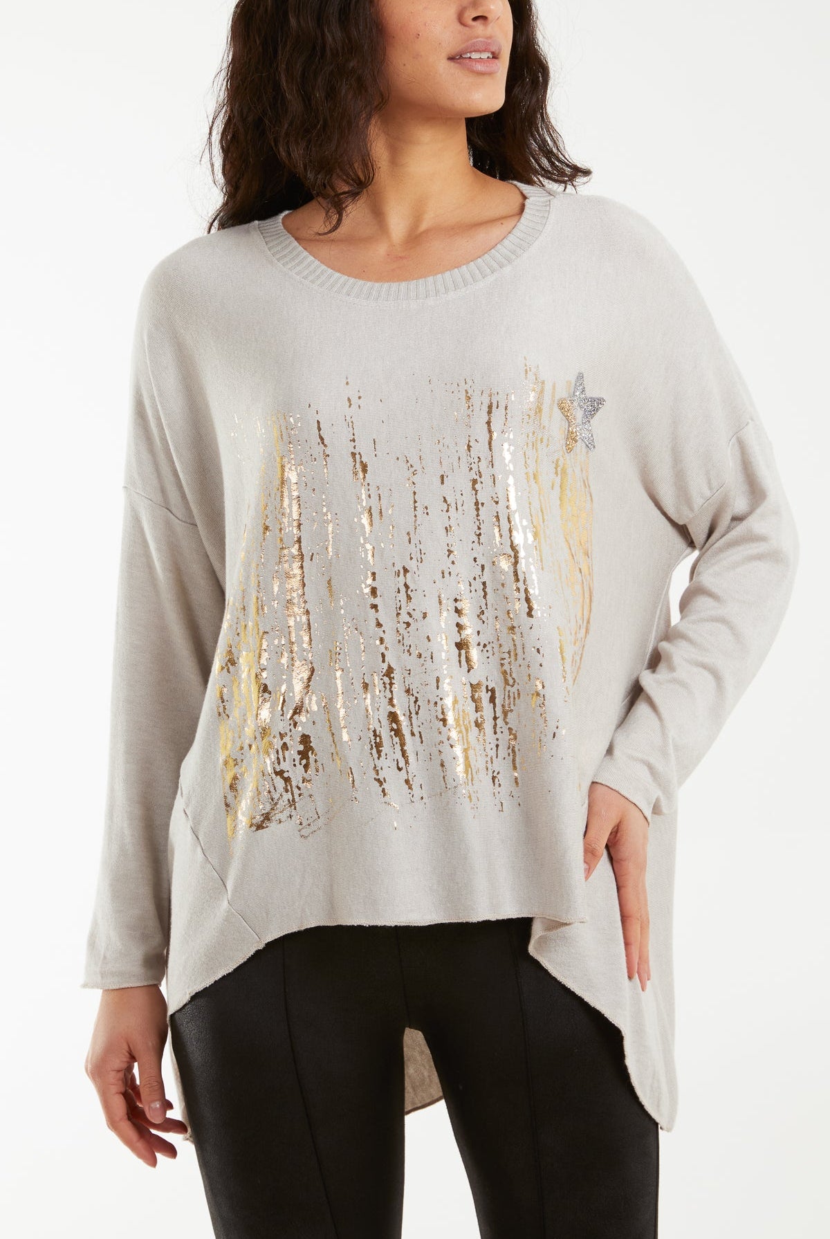 Diamante Star Foil Design High Low Jumper Jumpers WearAll Stone One Size