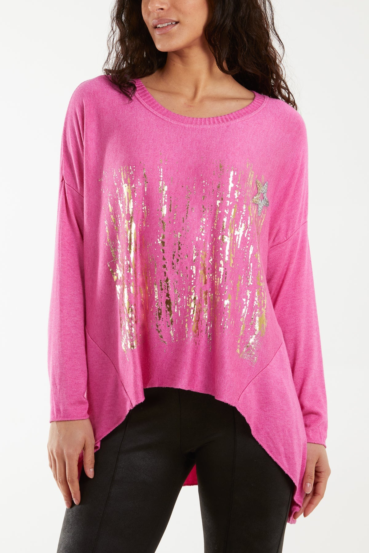 Diamante Star Foil Design High Low Jumper Jumpers WearAll Fuchsia One Size