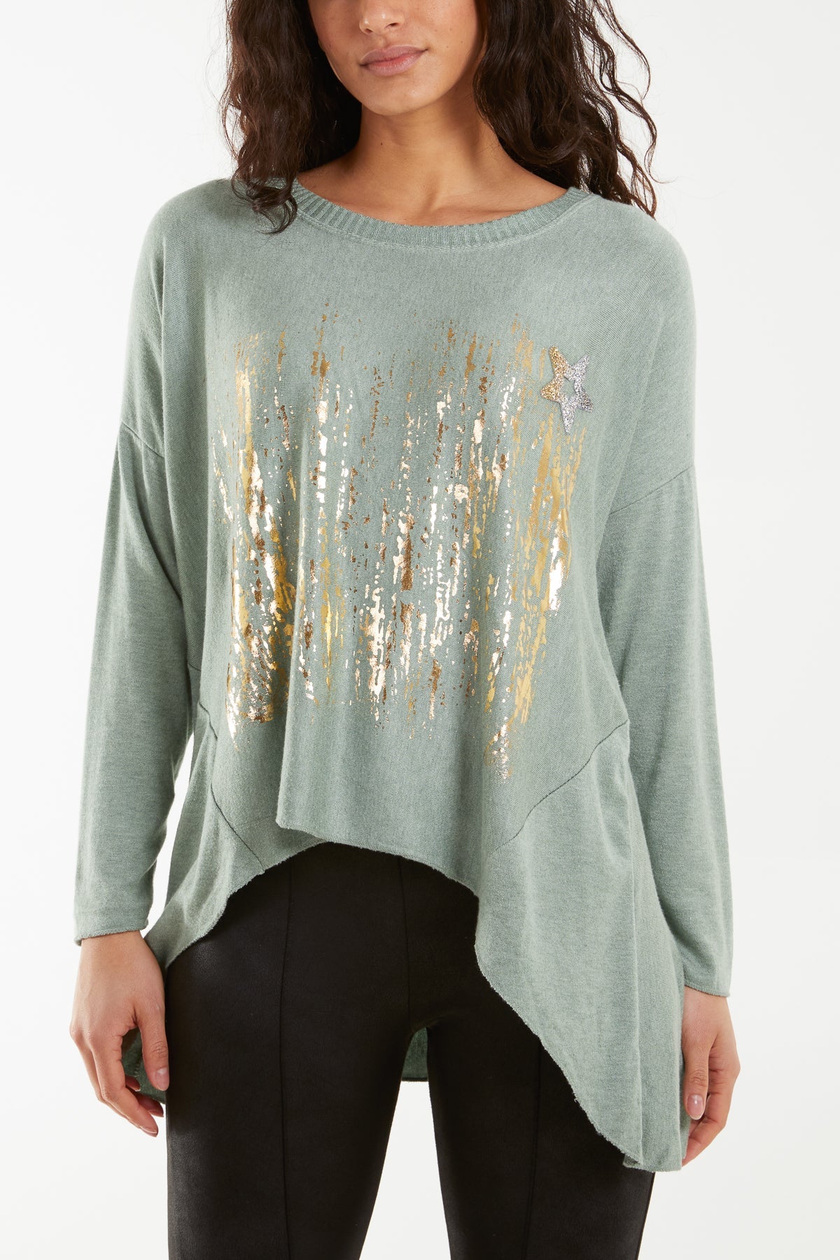 Diamante Star Foil Design High Low Jumper Jumpers WearAll Khaki One Size