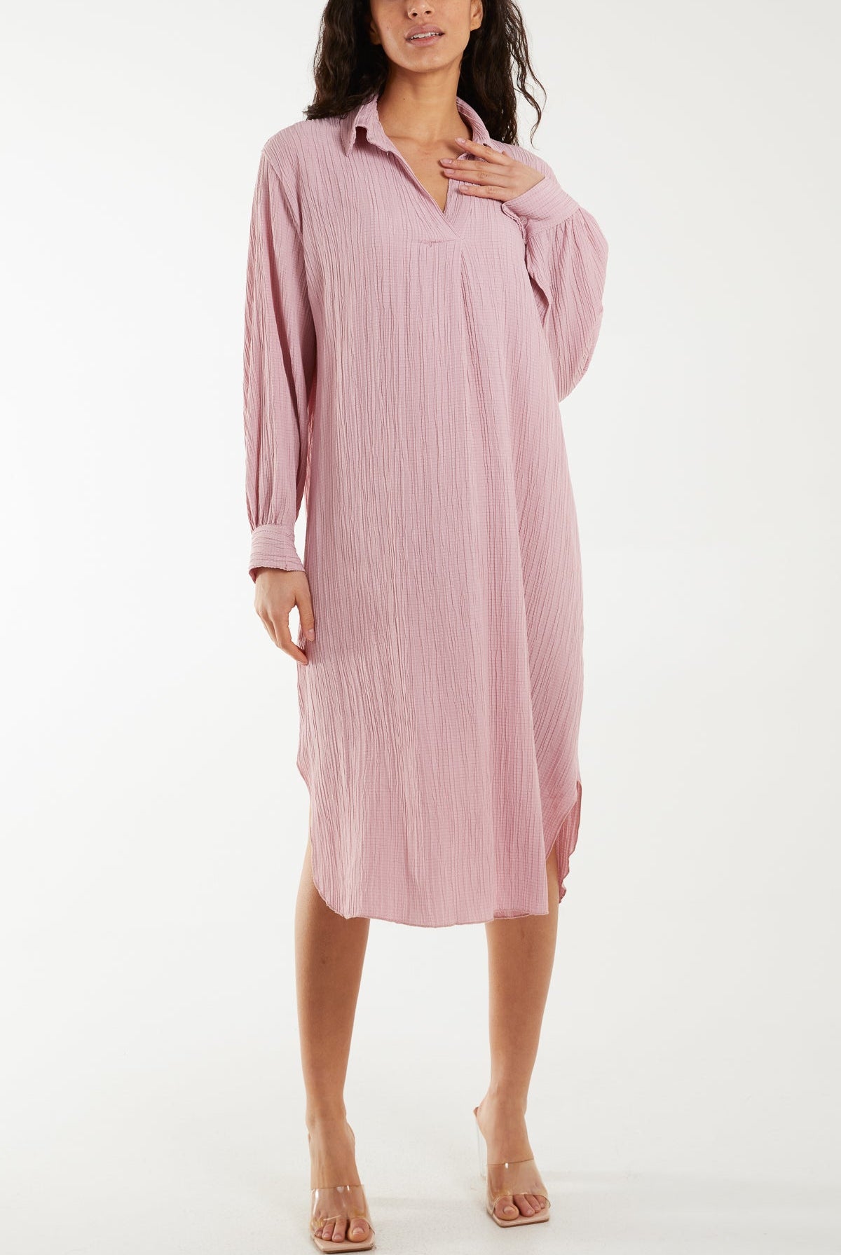 Open Collar Crinkle Midi Dress Dresses WearAll Blush One Size