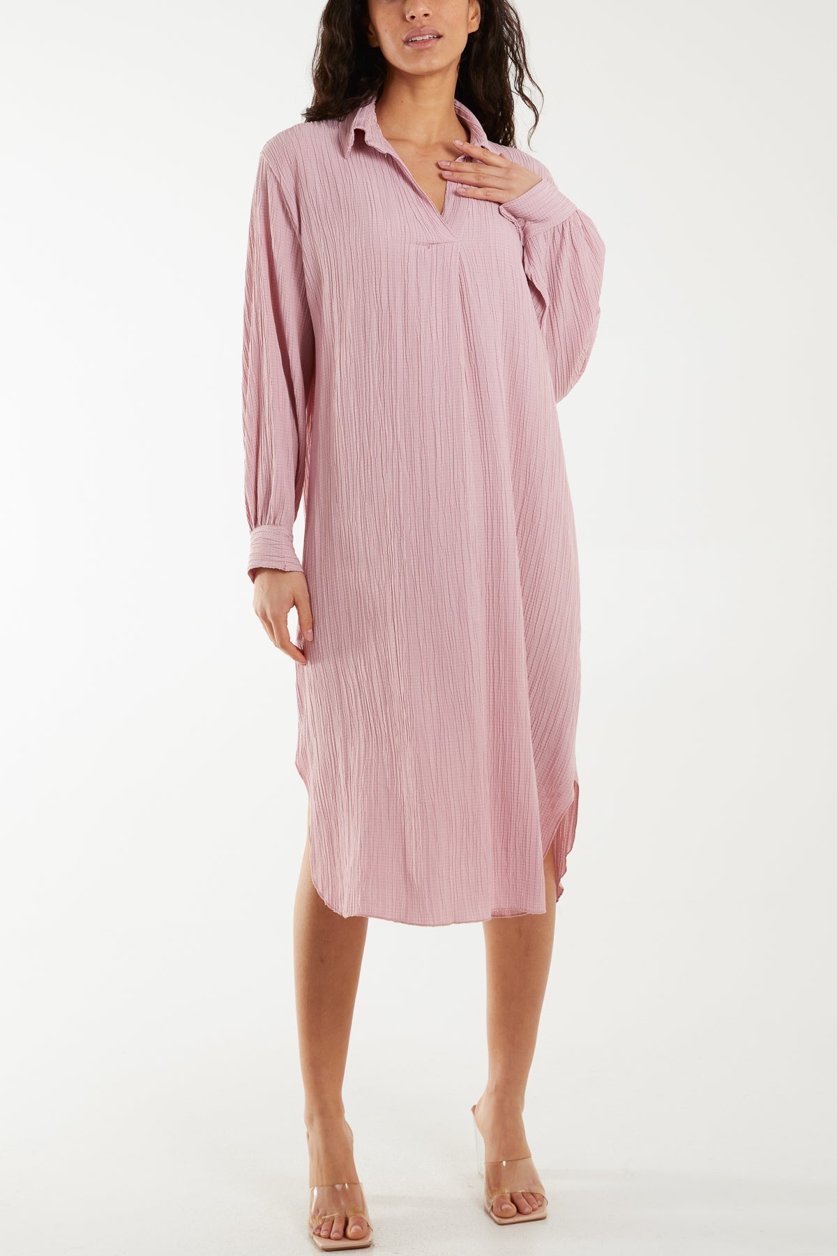 Open Collar Crinkle Midi Dress Dresses WearAll Blush One Size