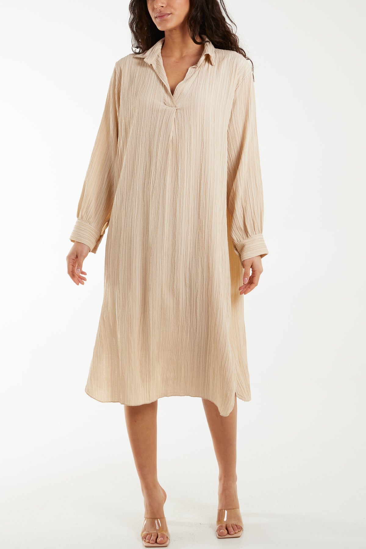 Open Collar Crinkle Midi Dress Dresses WearAll Stone One Size