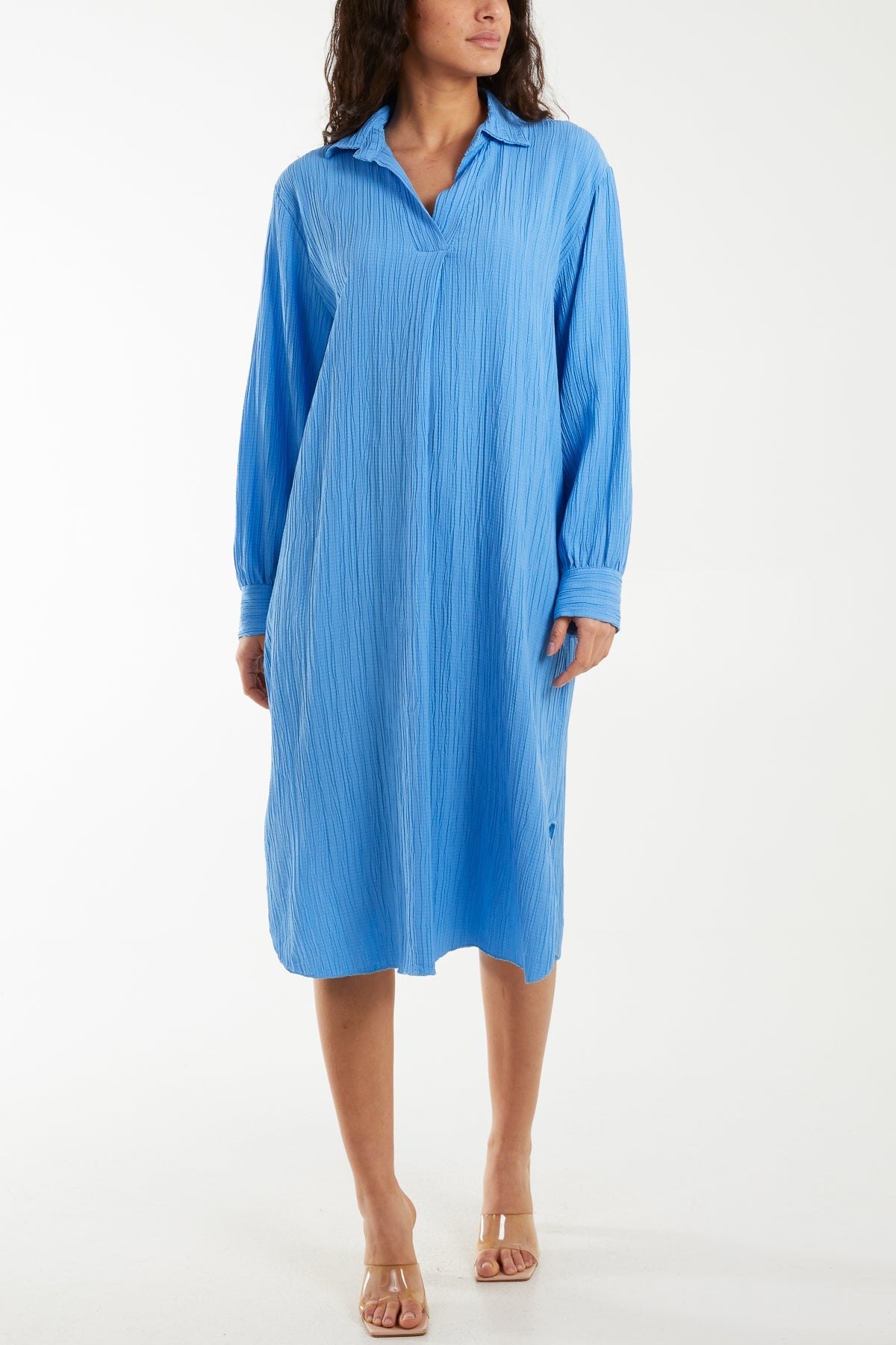 Open Collar Crinkle Midi Dress Dresses WearAll Blue One Size