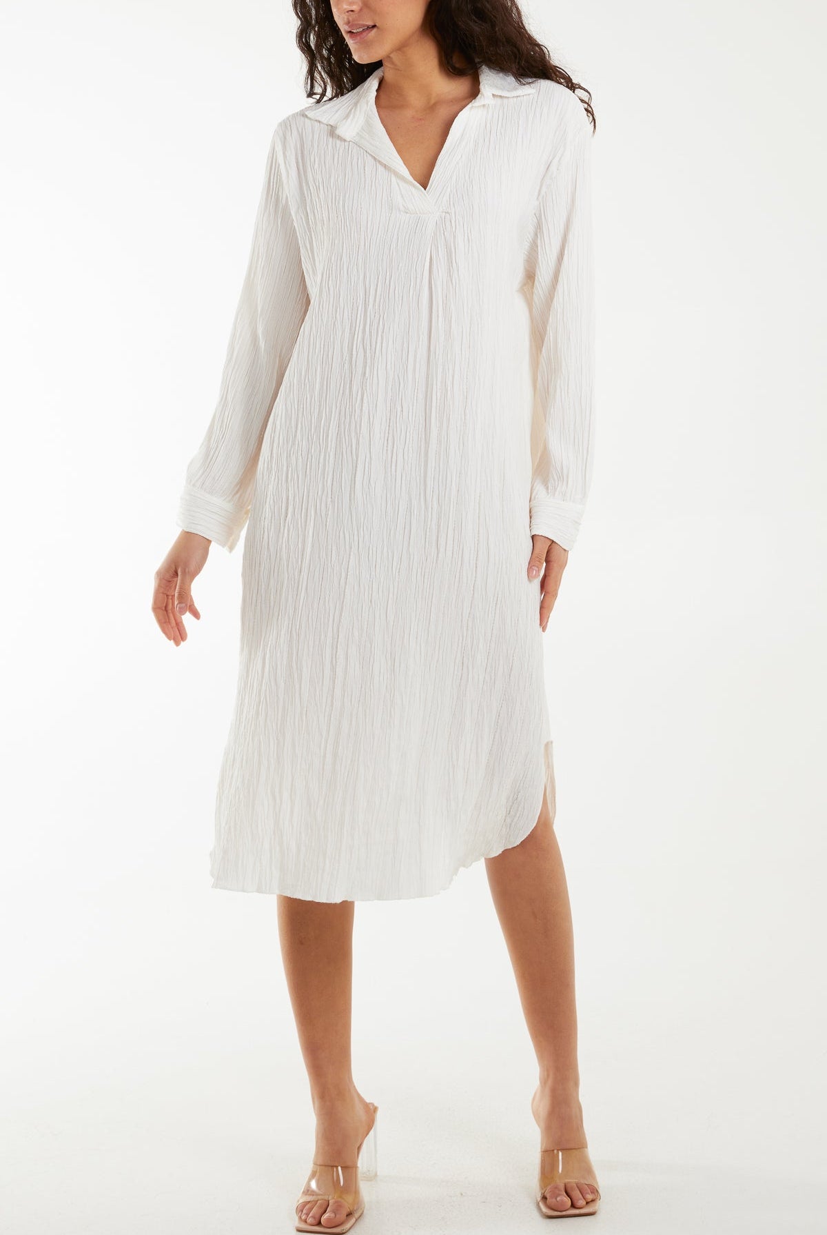 Open Collar Crinkle Midi Dress Dresses WearAll Cream One Size