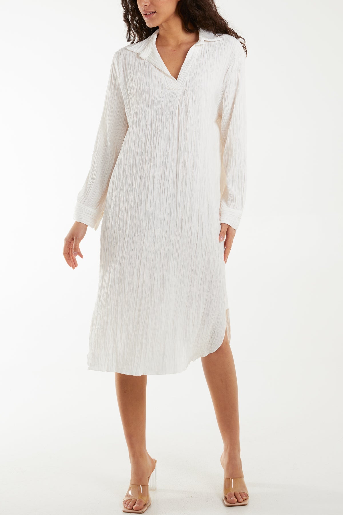 Open Collar Crinkle Midi Dress Dresses WearAll Cream One Size
