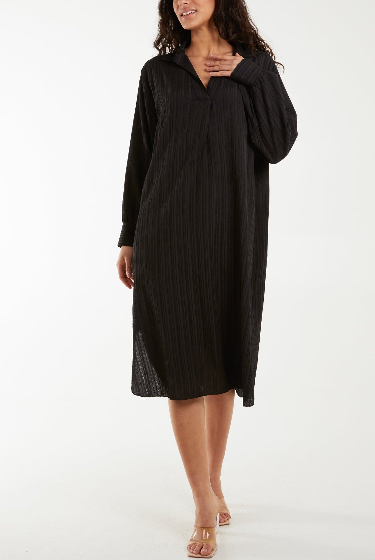 Open Collar Crinkle Midi Dress Dresses WearAll Black One Size