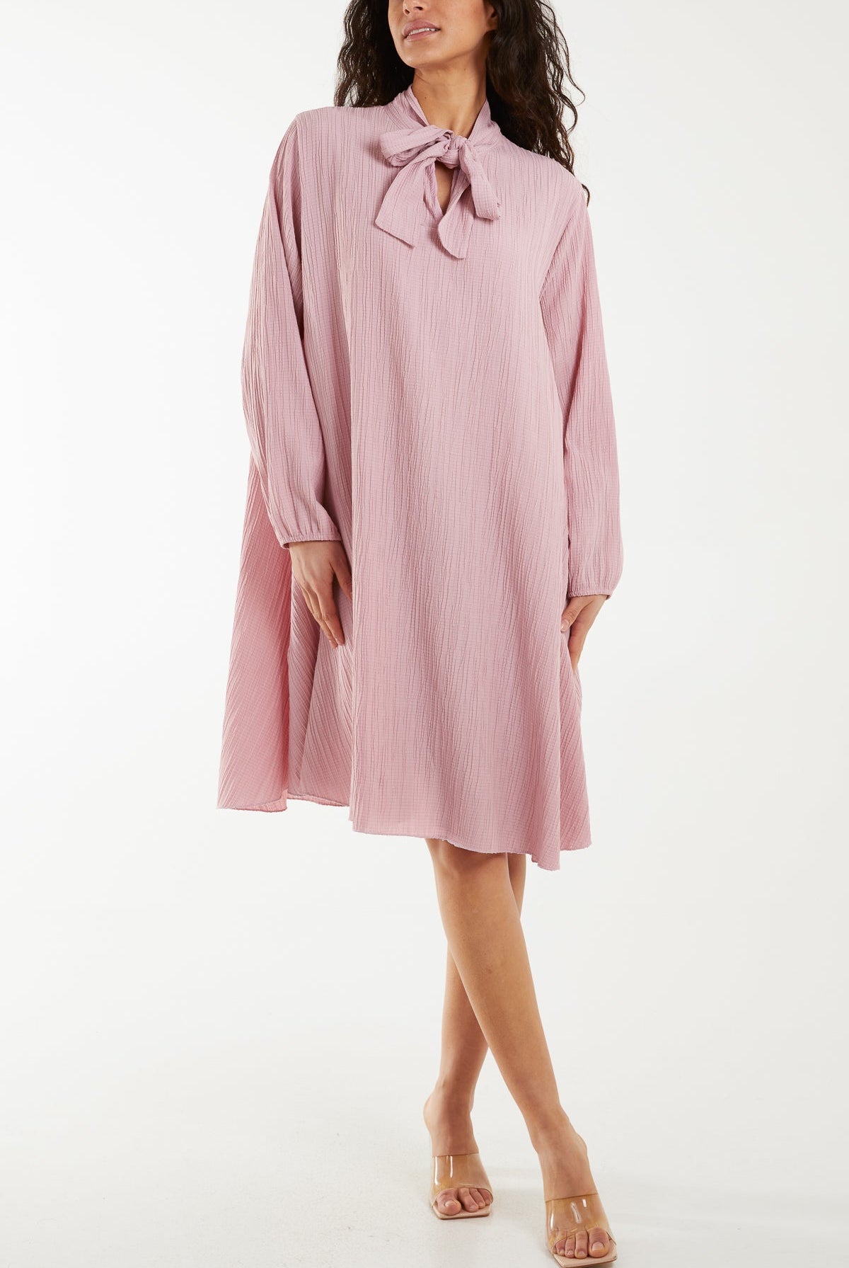 Pussy Bow Crinkle Fabric Midi Dress Dresses WearAll Blush One Size