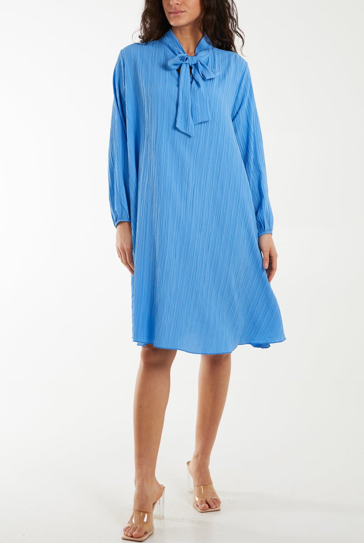 Pussy Bow Crinkle Fabric Midi Dress Dresses WearAll Blue One Size