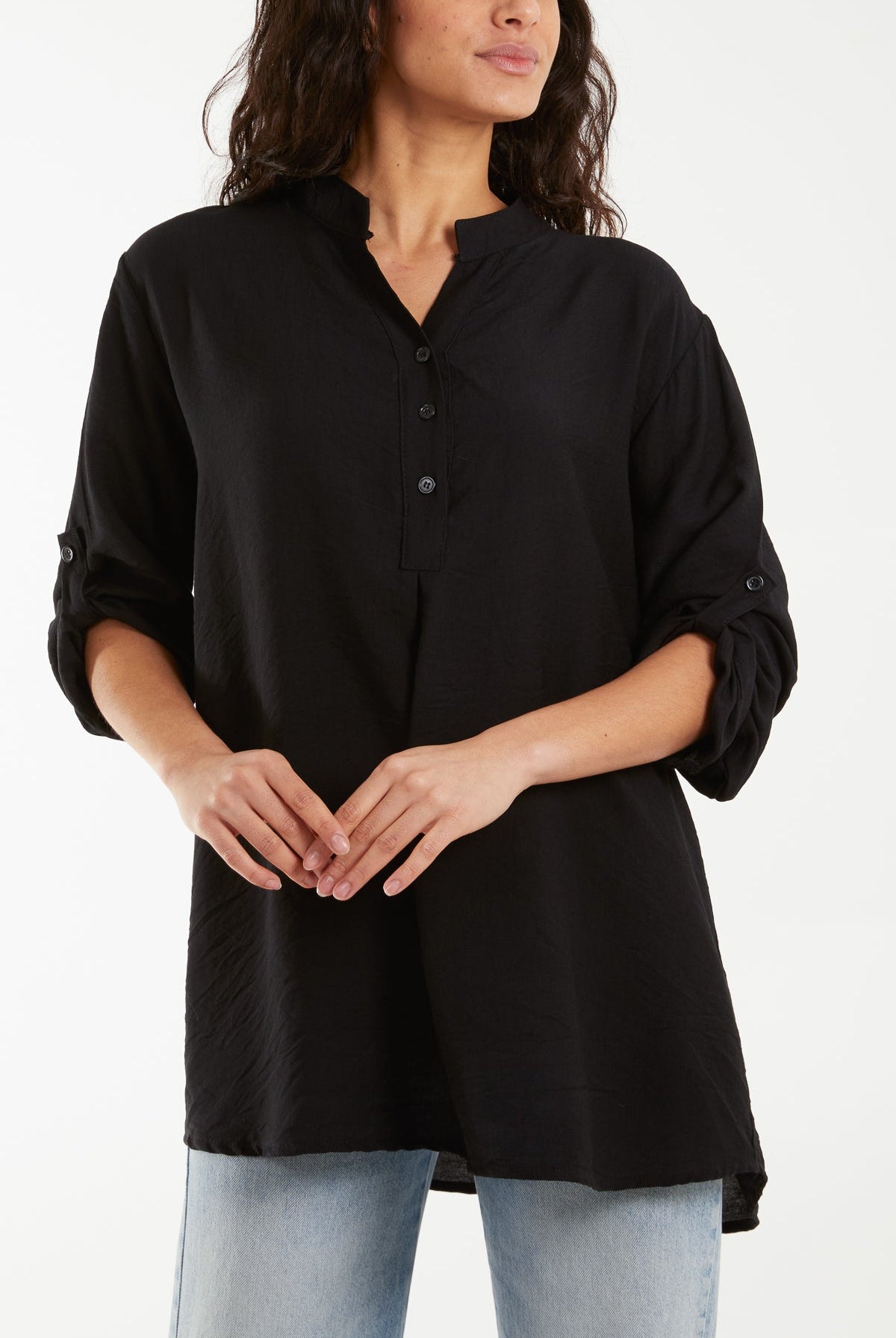 Grandad Collar Tied Up Sleeve Blouse Blouses WearAll Black One Size