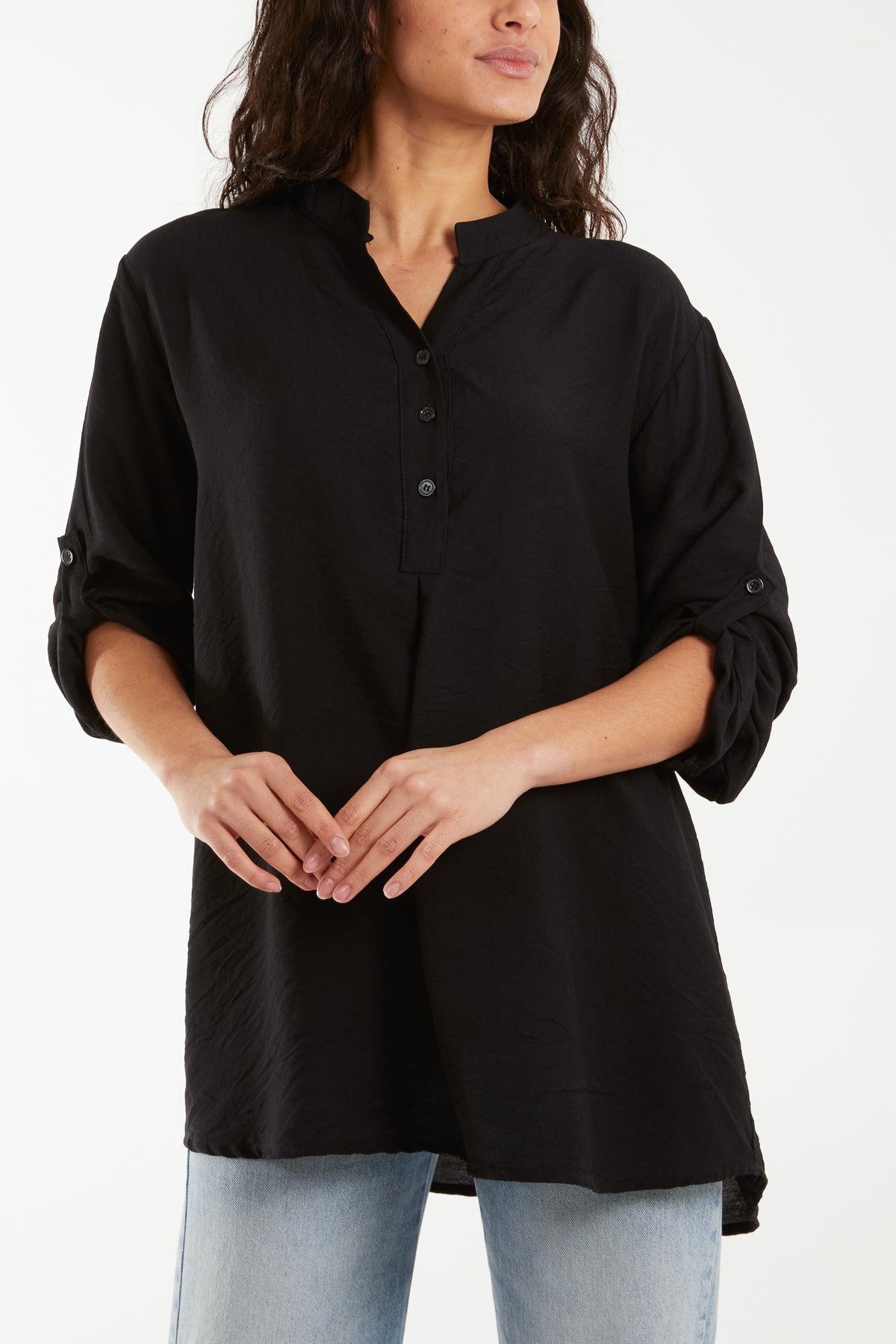 Grandad Collar Tied Up Sleeve Blouse Blouses WearAll Black One Size