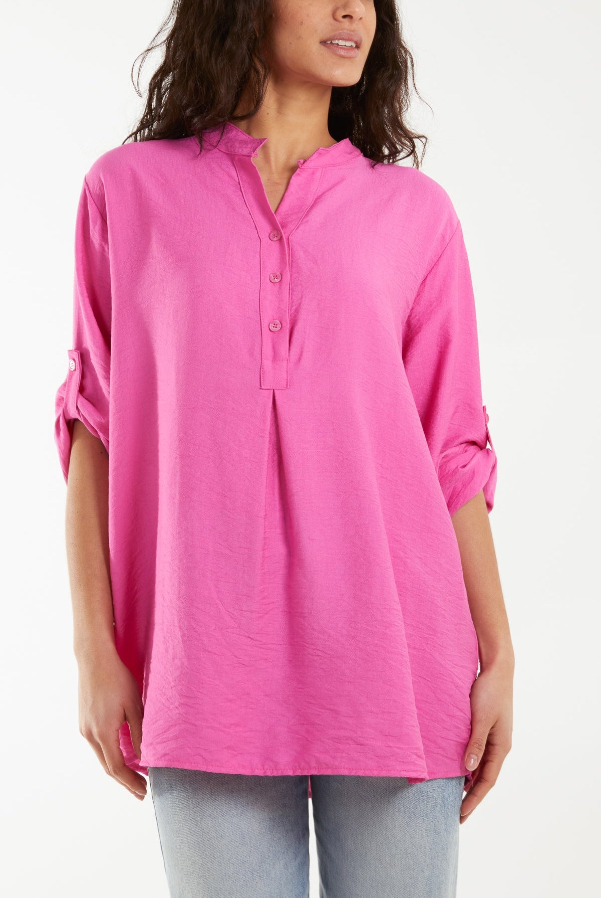 Grandad Collar Tied Up Sleeve Blouse Blouses WearAll Fuchsia One Size