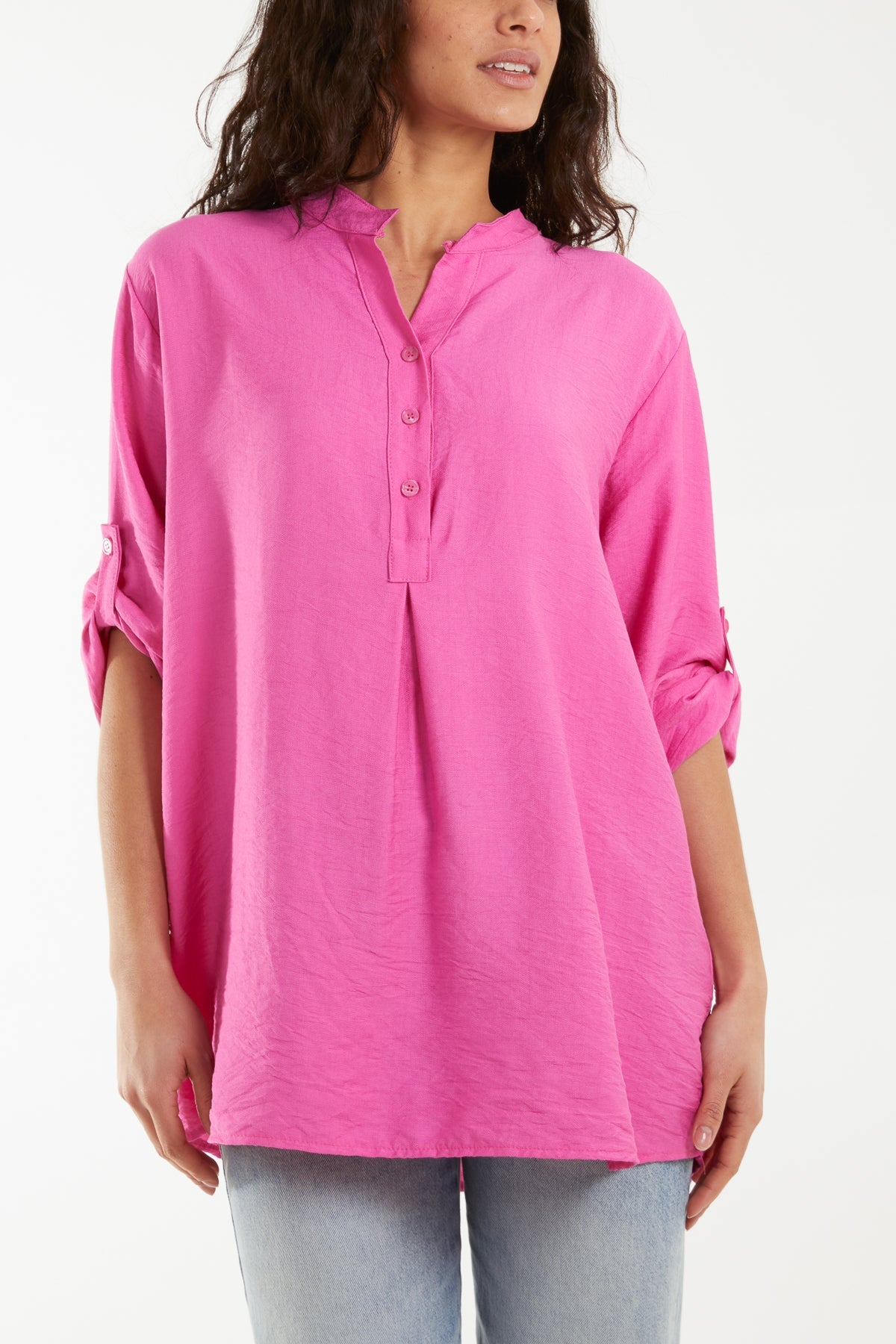 Grandad Collar Tied Up Sleeve Blouse Blouses WearAll Fuchsia One Size