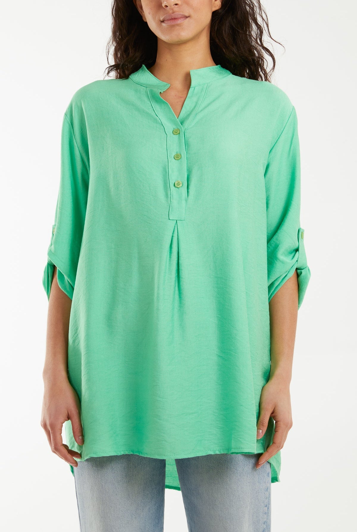 Grandad Collar Tied Up Sleeve Blouse Blouses WearAll Apple Green One Size