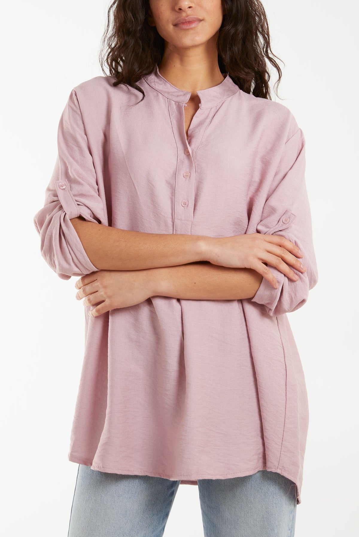 Grandad Collar Tied Up Sleeve Blouse Blouses WearAll Blush One Size