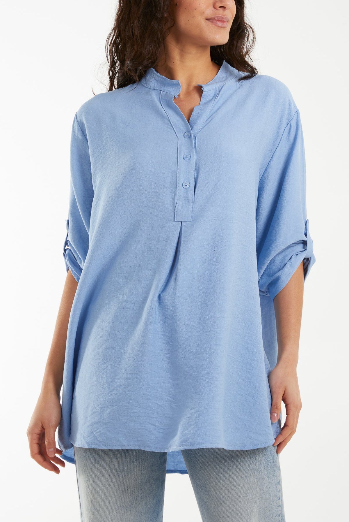 Grandad Collar Tied Up Sleeve Blouse Blouses WearAll Light Blue One Size