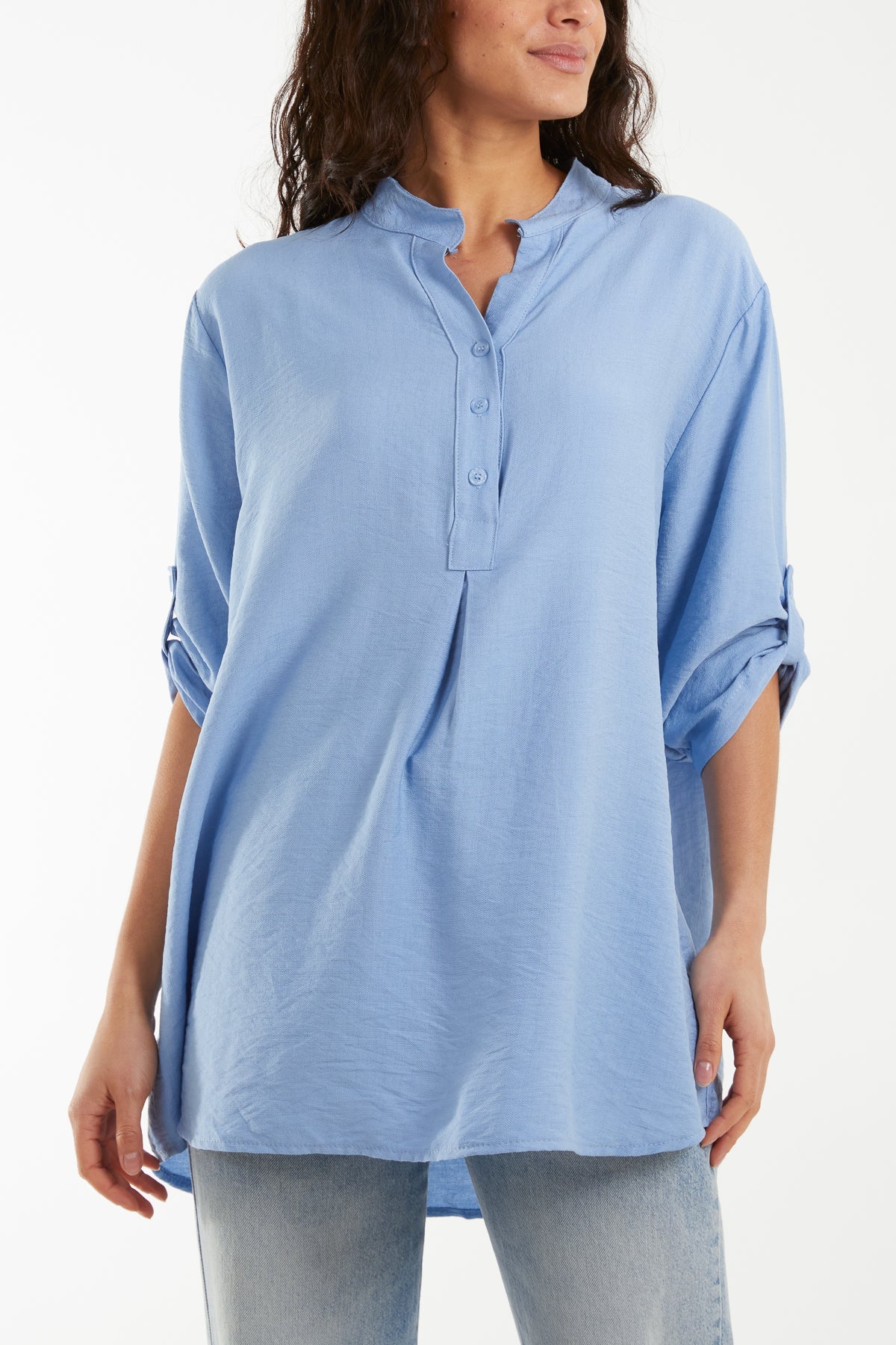 Grandad Collar Tied Up Sleeve Blouse Blouses WearAll Light Blue One Size