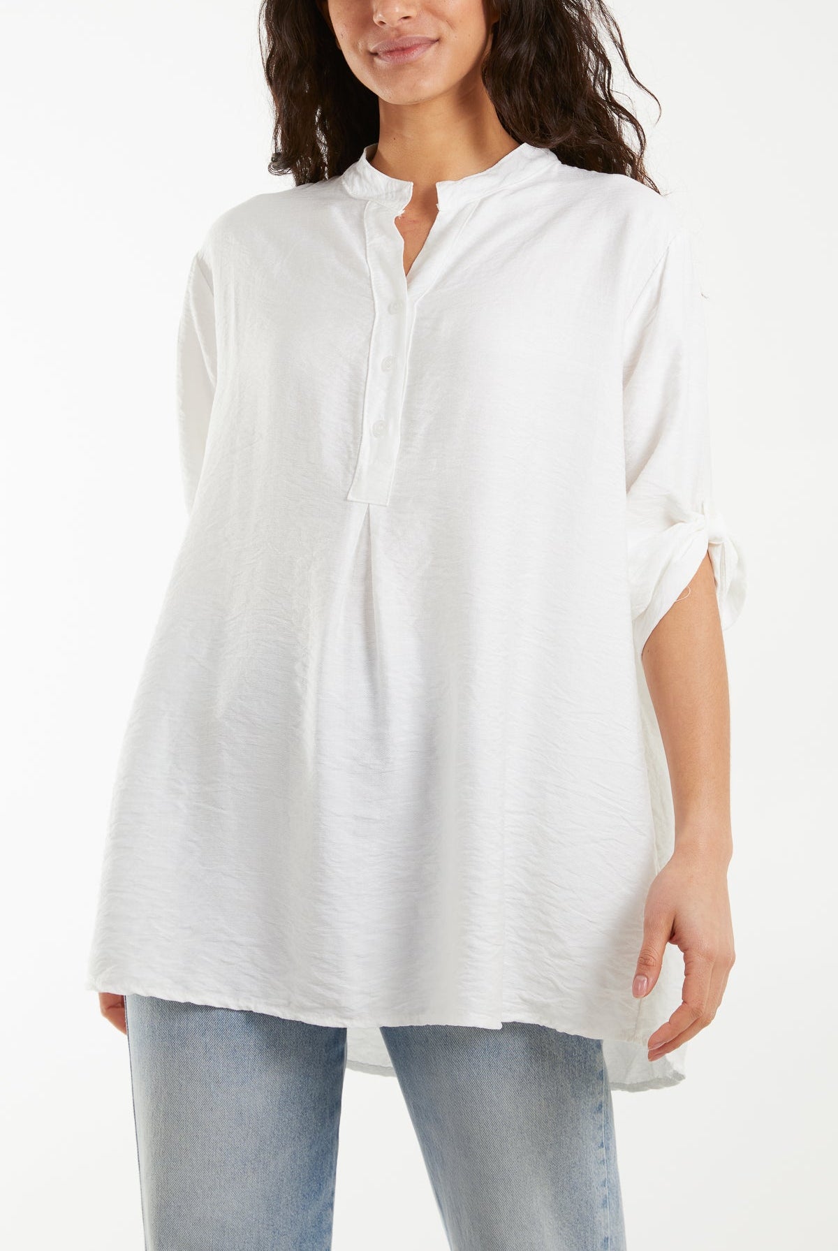 Grandad Collar Tied Up Sleeve Blouse Blouses WearAll Cream One Size