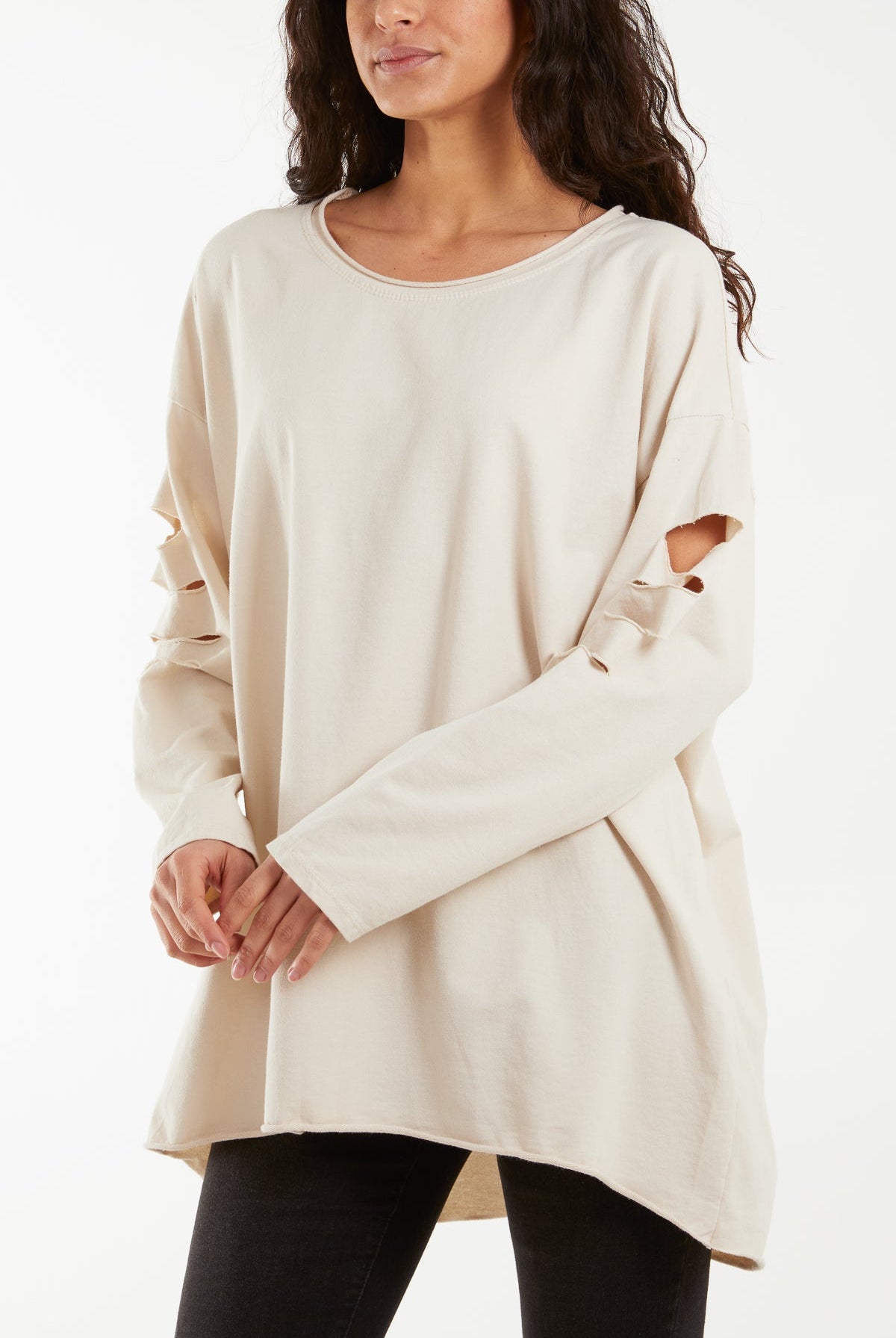 Sleeve & Back Distressed Cut Out long Top T-shirts WearAll Stone One Size