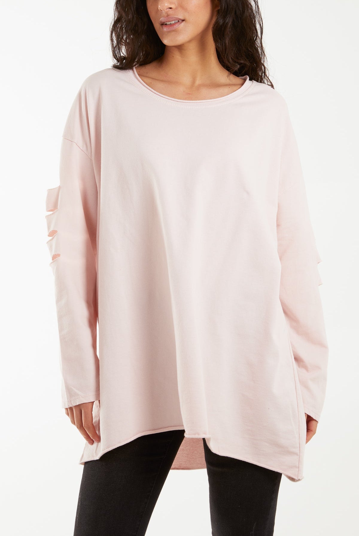 Sleeve & Back Distressed Cut Out long Top T-shirts WearAll