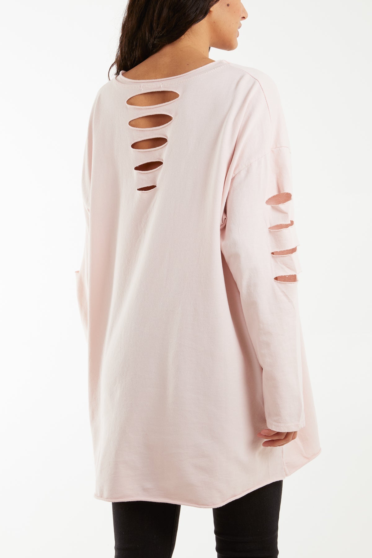 Sleeve & Back Distressed Cut Out long Top T-shirts WearAll Blush One Size