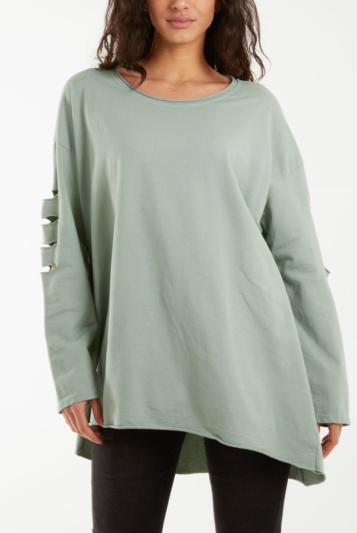 Sleeve & Back Distressed Cut Out long Top T-shirts WearAll Khaki One Size