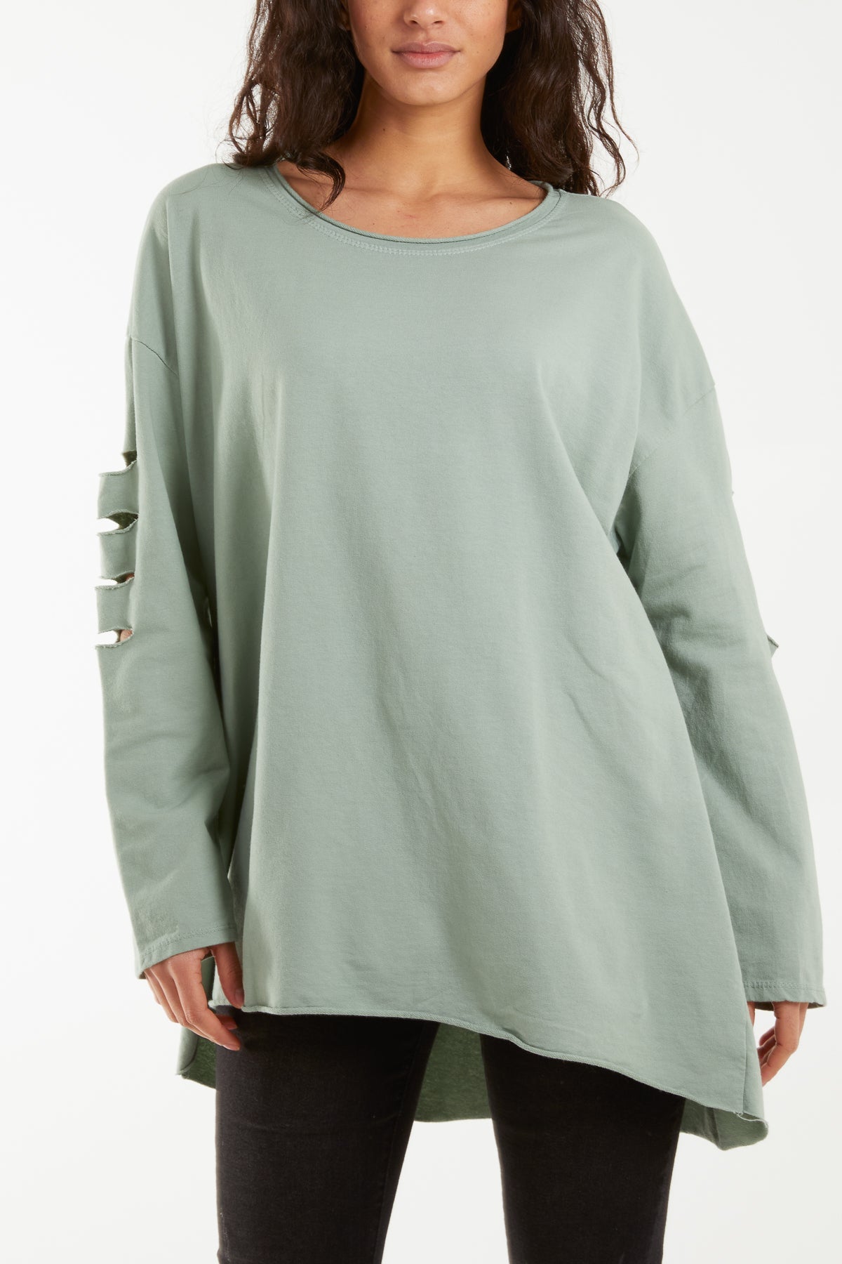 Sleeve & Back Distressed Cut Out long Top T-shirts WearAll Khaki One Size