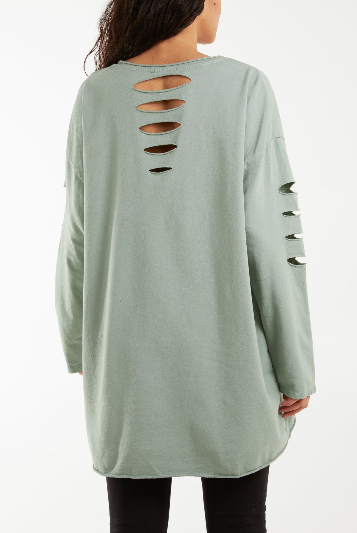 Sleeve & Back Distressed Cut Out long Top T-shirts WearAll