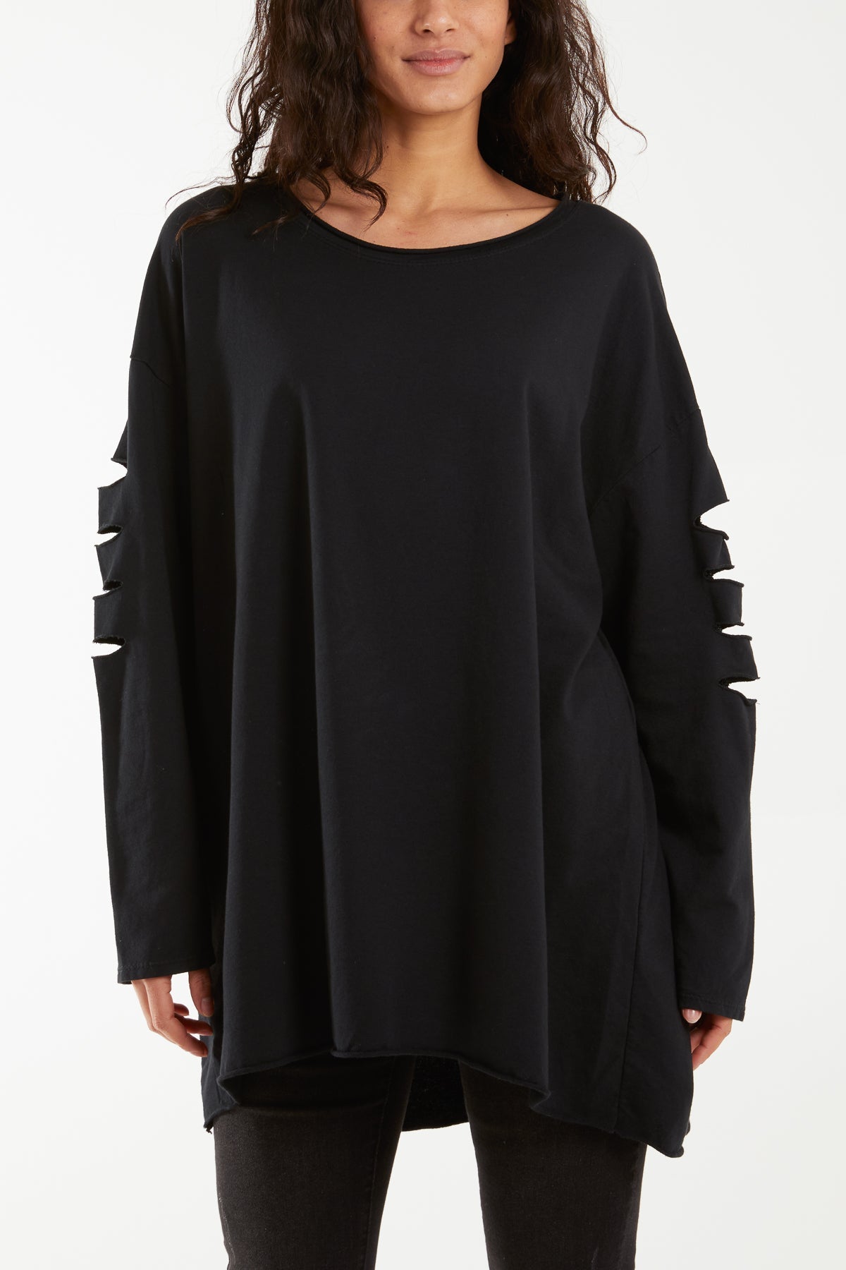 Sleeve & Back Distressed Cut Out long Top T-shirts WearAll Black One Size